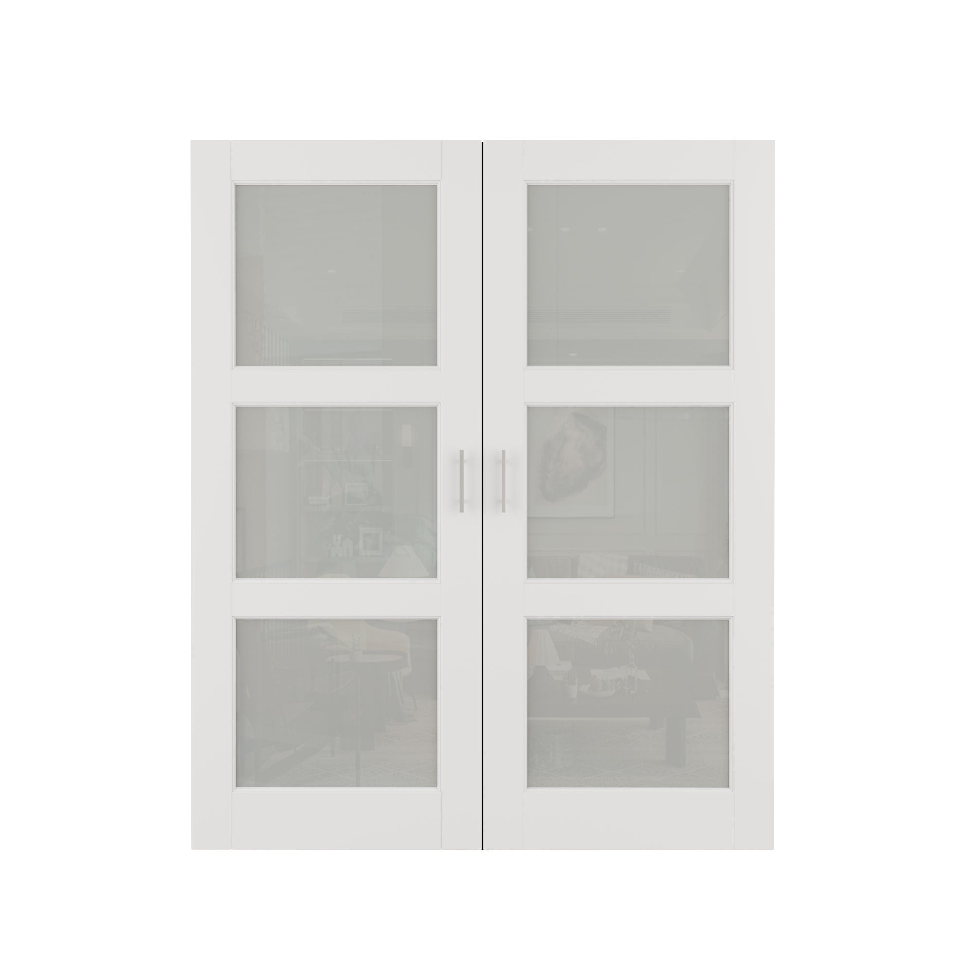 [Silver Ball Catch Double Doors without Jamb] 3-Lite Frosted Glass White Solid Core Glass French Door Panels with Sliver Ball Catch & Handles & Hinges, Jamb Not Included