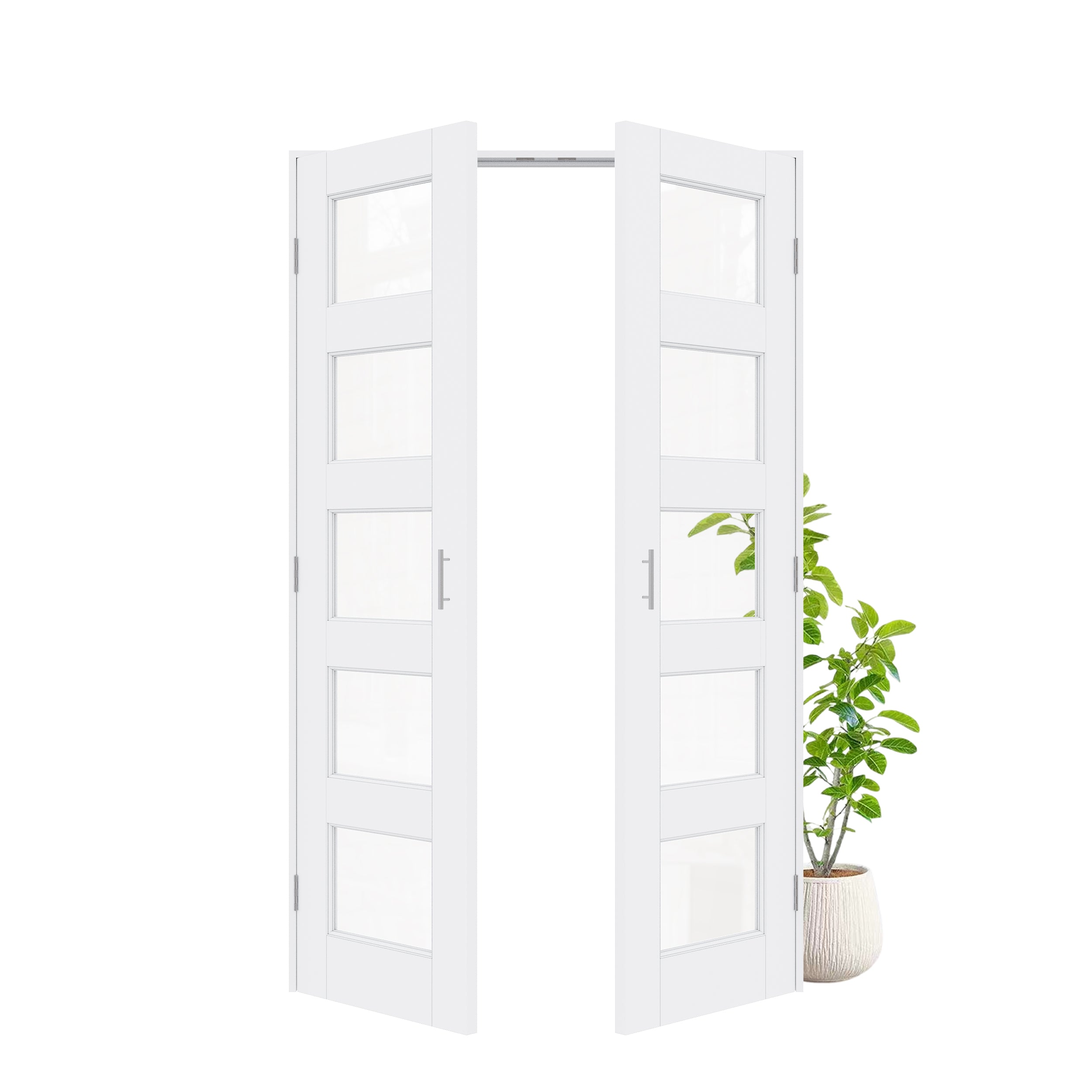 [Silver Ball Catch Double Doors without Jamb] 5-Lite Clear Glass White Solid Core Glass French Door Panels Door with Sliver Ball Catch & Handles & Hinges, Jamb Not Included