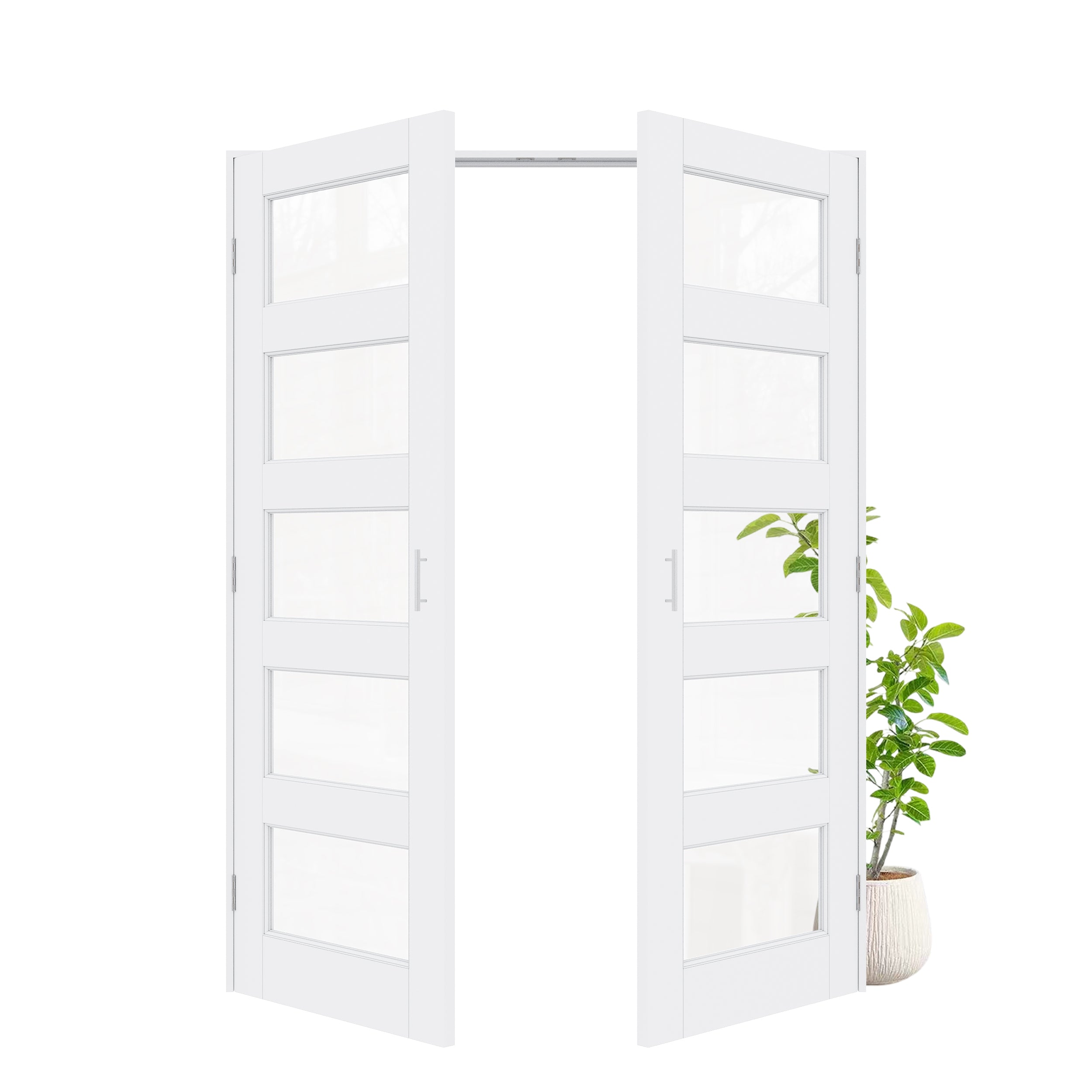 [Silver Ball Catch Double Doors without Jamb] 5-Lite Clear Glass White Solid Core Glass French Door Panels Door with Sliver Ball Catch & Handles & Hinges, Jamb Not Included