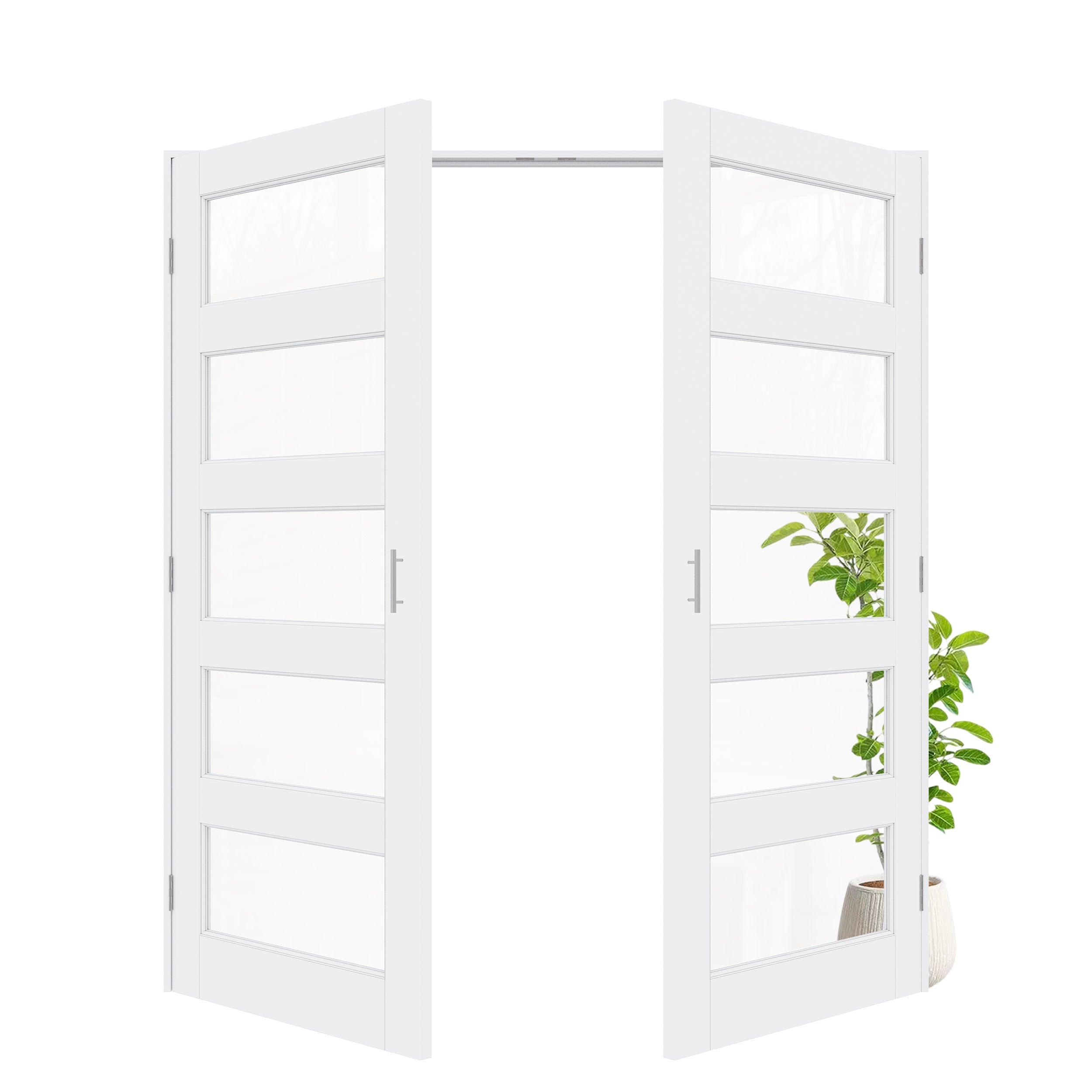 [Silver Ball Catch Double Doors without Jamb] 5-Lite Clear Glass White Solid Core Glass French Door Panels Door with Sliver Ball Catch & Handles & Hinges, Jamb Not Included