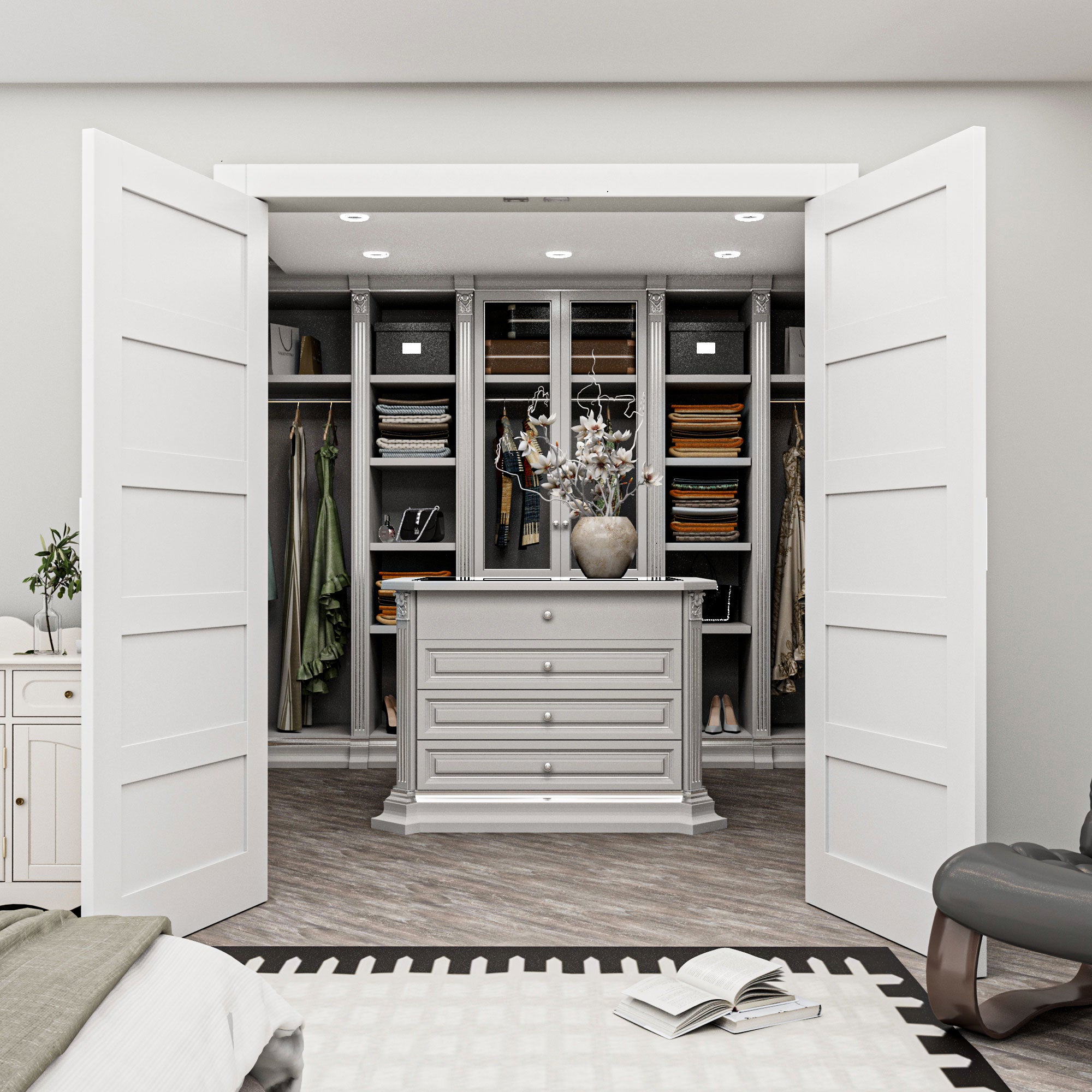 [Silver Ball Catch Double Doors without Jamb] 5-Lite Panel White Solid Core Glass French Door Panels Door with Sliver Ball Catch & Handles & Hinges, Jamb Not Included