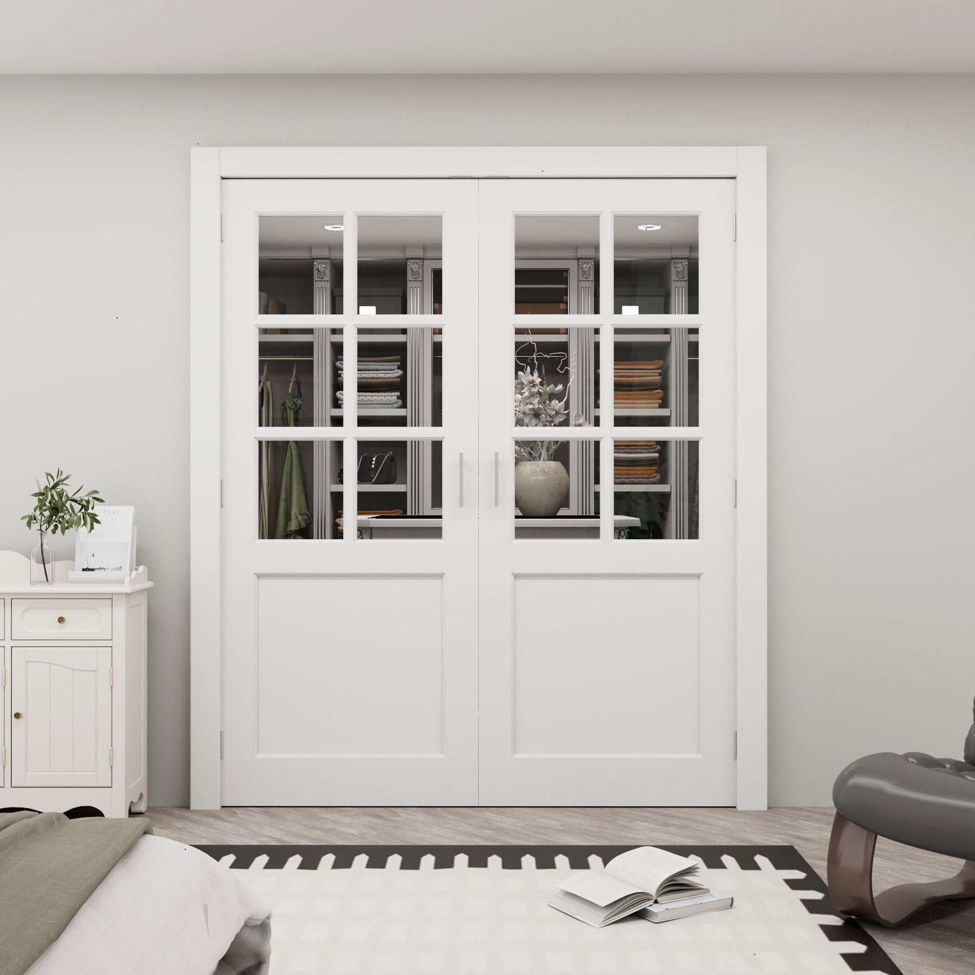 [Silver Ball Catch Double Doors without Jamb] 6-Lite Clear Glass White Solid Core Glass French Door Panels Door with Sliver Ball Catch & Handles & Hinges, Jamb Not Included