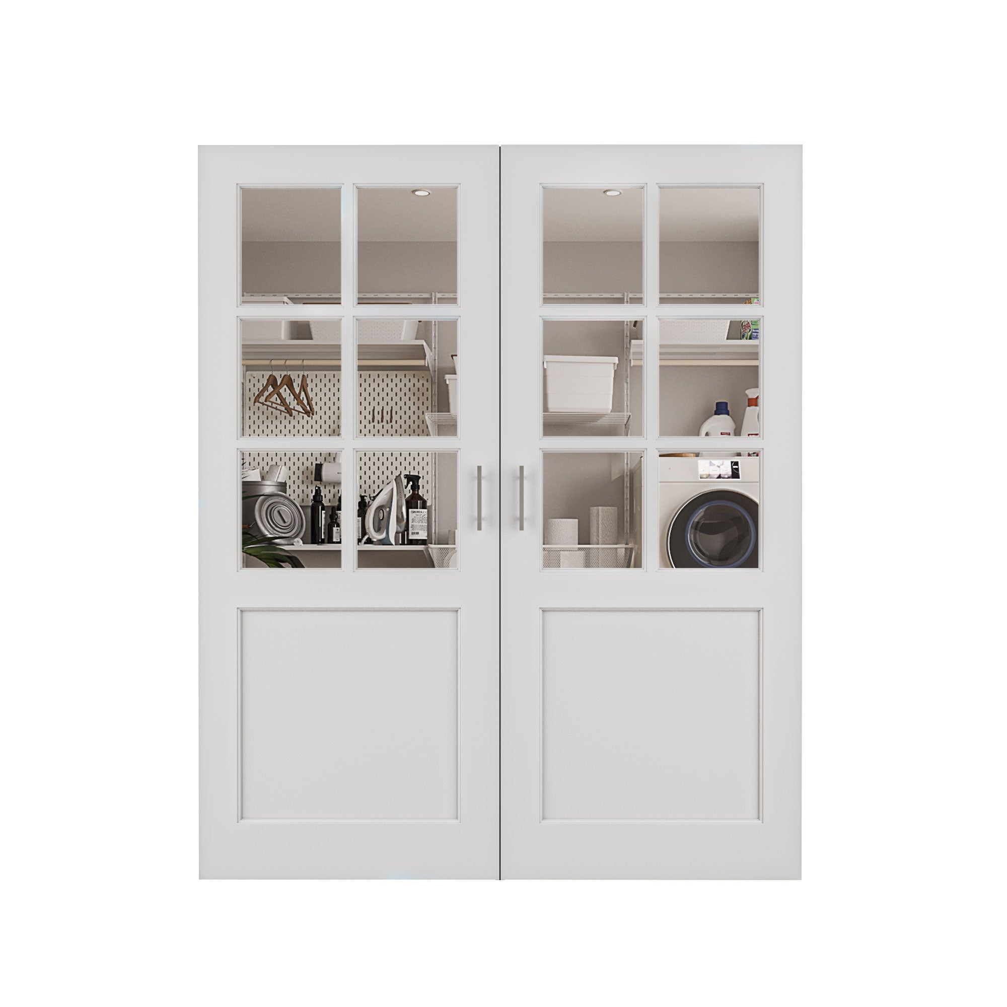 [Silver Ball Catch Double Doors without Jamb] 6-Lite Clear Glass White Solid Core Glass French Door Panels Door with Sliver Ball Catch & Handles & Hinges, Jamb Not Included