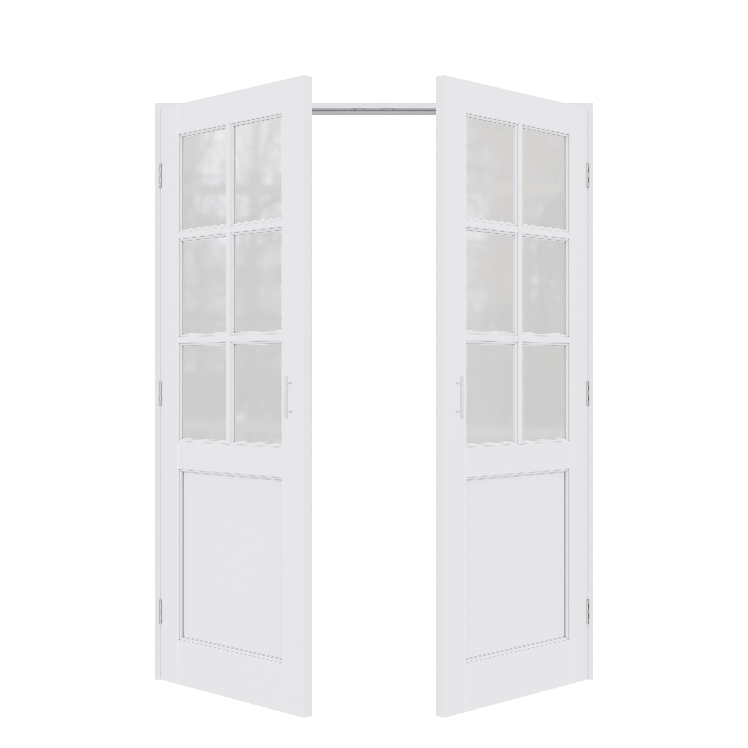 [Silver Ball Catch Double Doors without Jamb] 6-Lite Frosted Glass White Solid Core Glass French Door Panels Door with Sliver Ball Catch & Handles & Hinges, Jamb Not Included