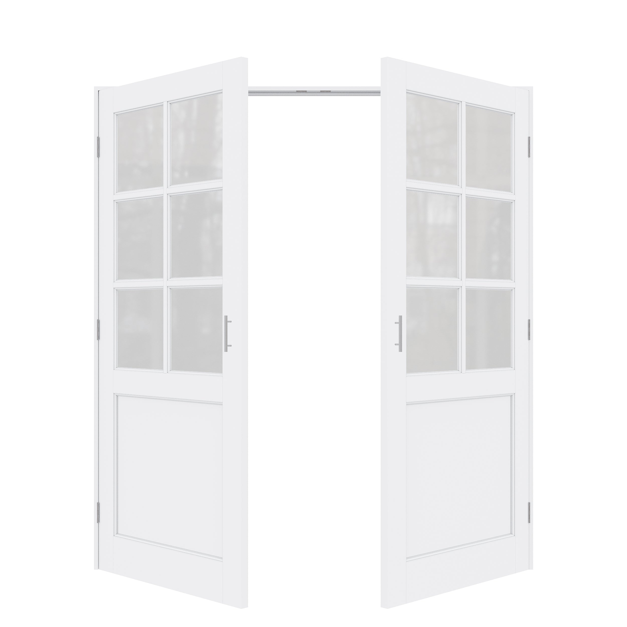 [Silver Ball Catch Double Doors without Jamb] 6-Lite Frosted Glass White Solid Core Glass French Door Panels Door with Sliver Ball Catch & Handles & Hinges, Jamb Not Included