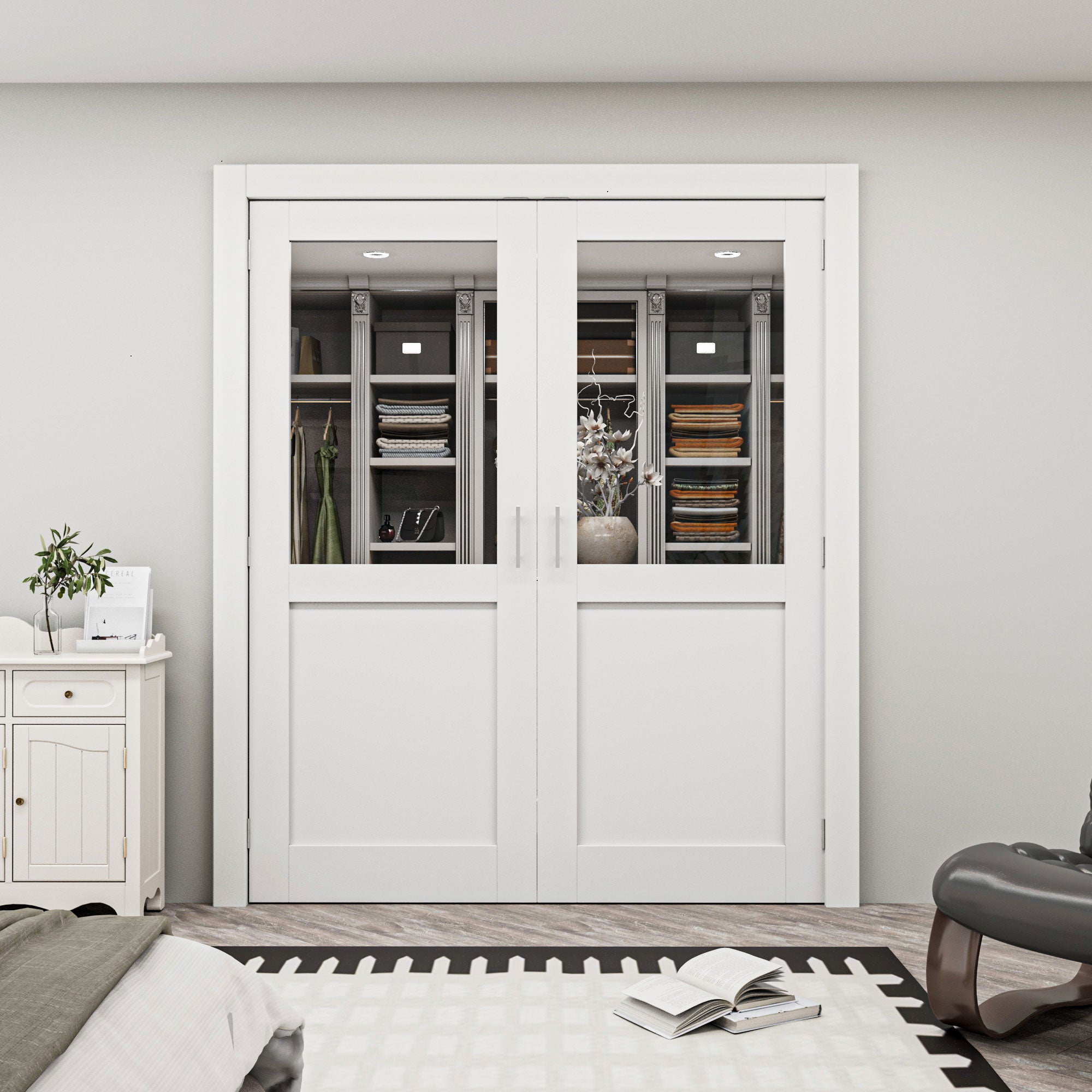 [Silver Ball Catch Double Doors without Jamb] Half Lite Clear Glass White Solid Core Glass French Door Panels Door with Sliver Ball Catch & Handles & Hinges, Jamb Not Included