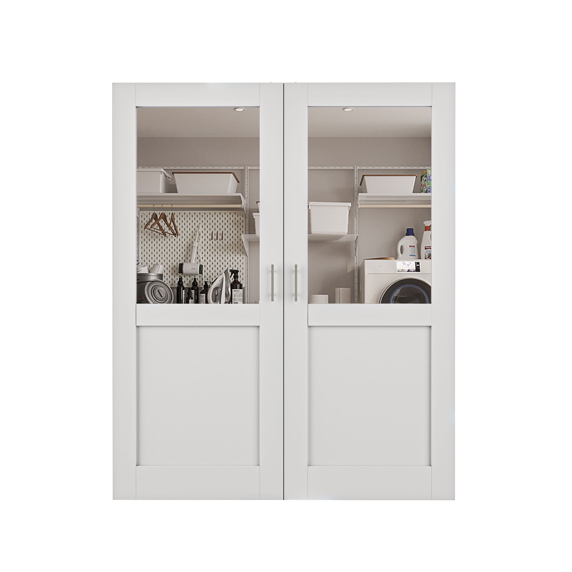 [Silver Ball Catch Double Doors without Jamb] Half Lite Clear Glass White Solid Core Glass French Door Panels Door with Sliver Ball Catch & Handles & Hinges, Jamb Not Included