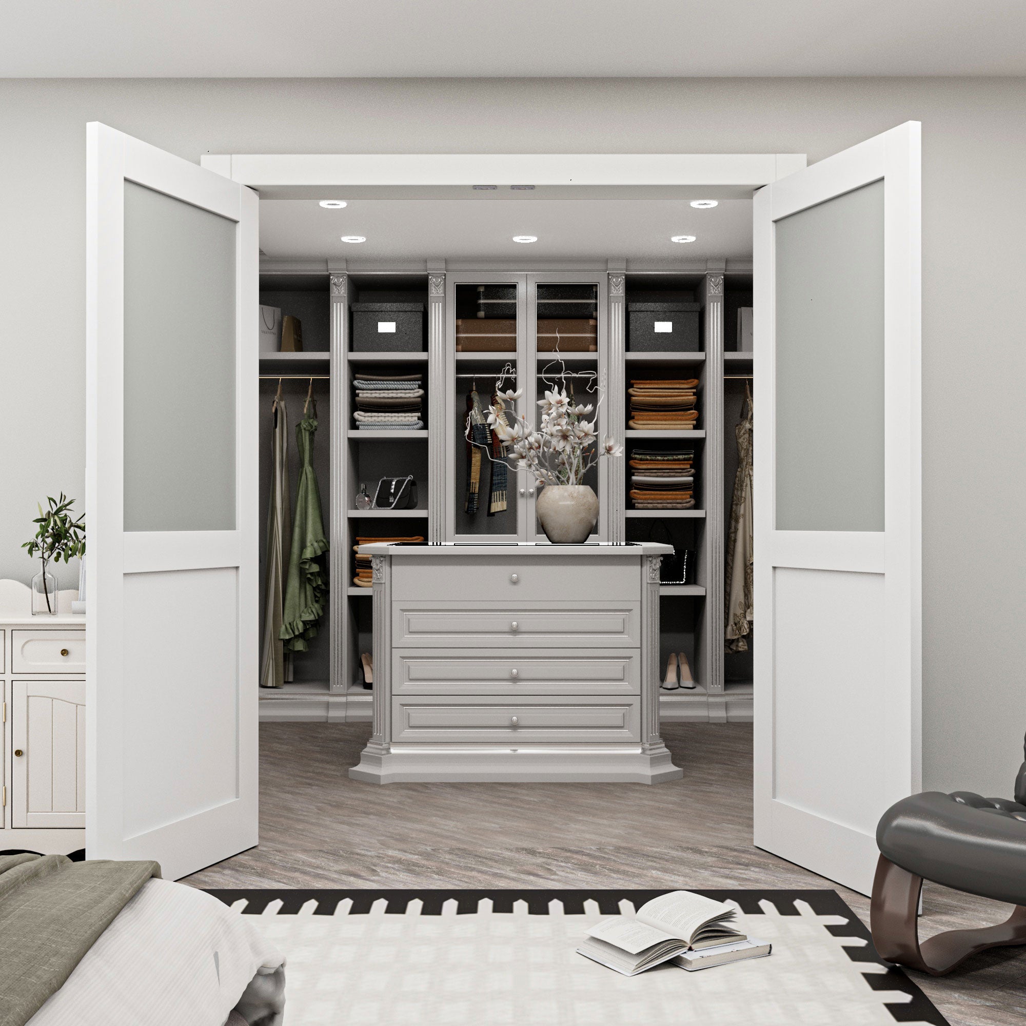 [Silver Ball Catch Double Doors without Jamb] Half Lite Frosted Glass White Solid Core Glass French Door Panels with Sliver Ball Catch & Handles & Hinges, Jamb Not Included