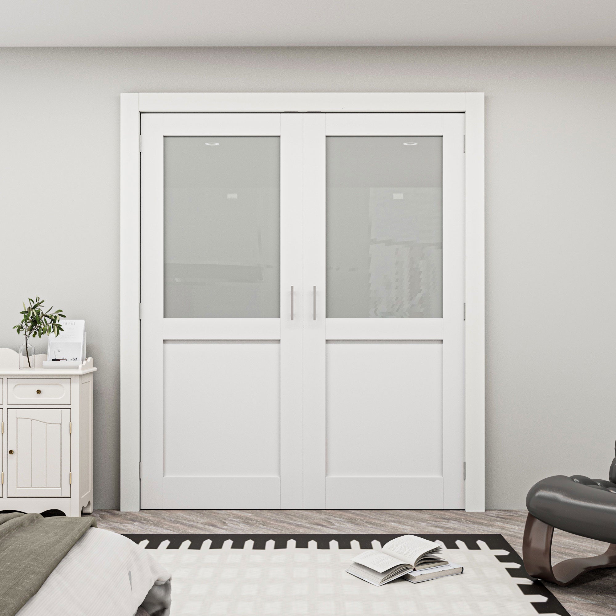 [Silver Ball Catch Double Doors without Jamb] Half Lite Frosted Glass White Solid Core Glass French Door Panels with Sliver Ball Catch & Handles & Hinges, Jamb Not Included