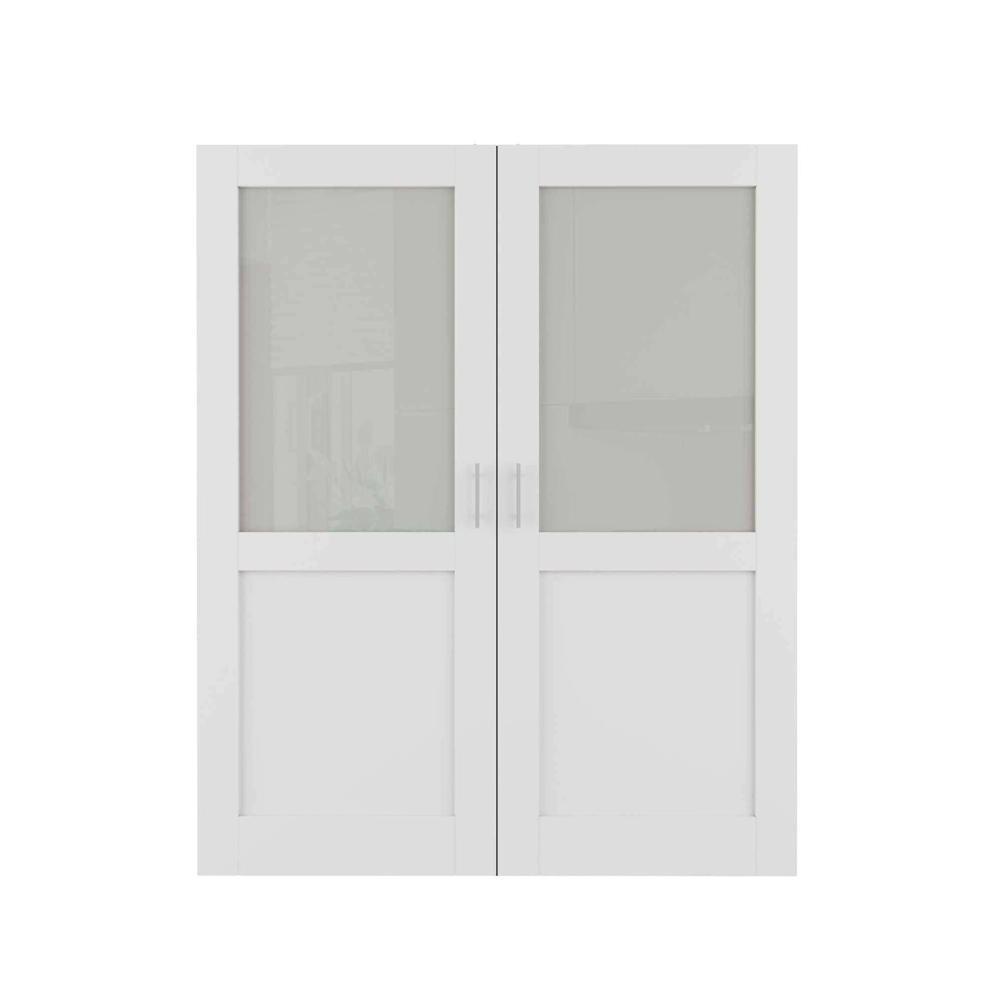 [Silver Ball Catch Double Doors without Jamb] Half Lite Frosted Glass White Solid Core Glass French Door Panels with Sliver Ball Catch & Handles & Hinges, Jamb Not Included