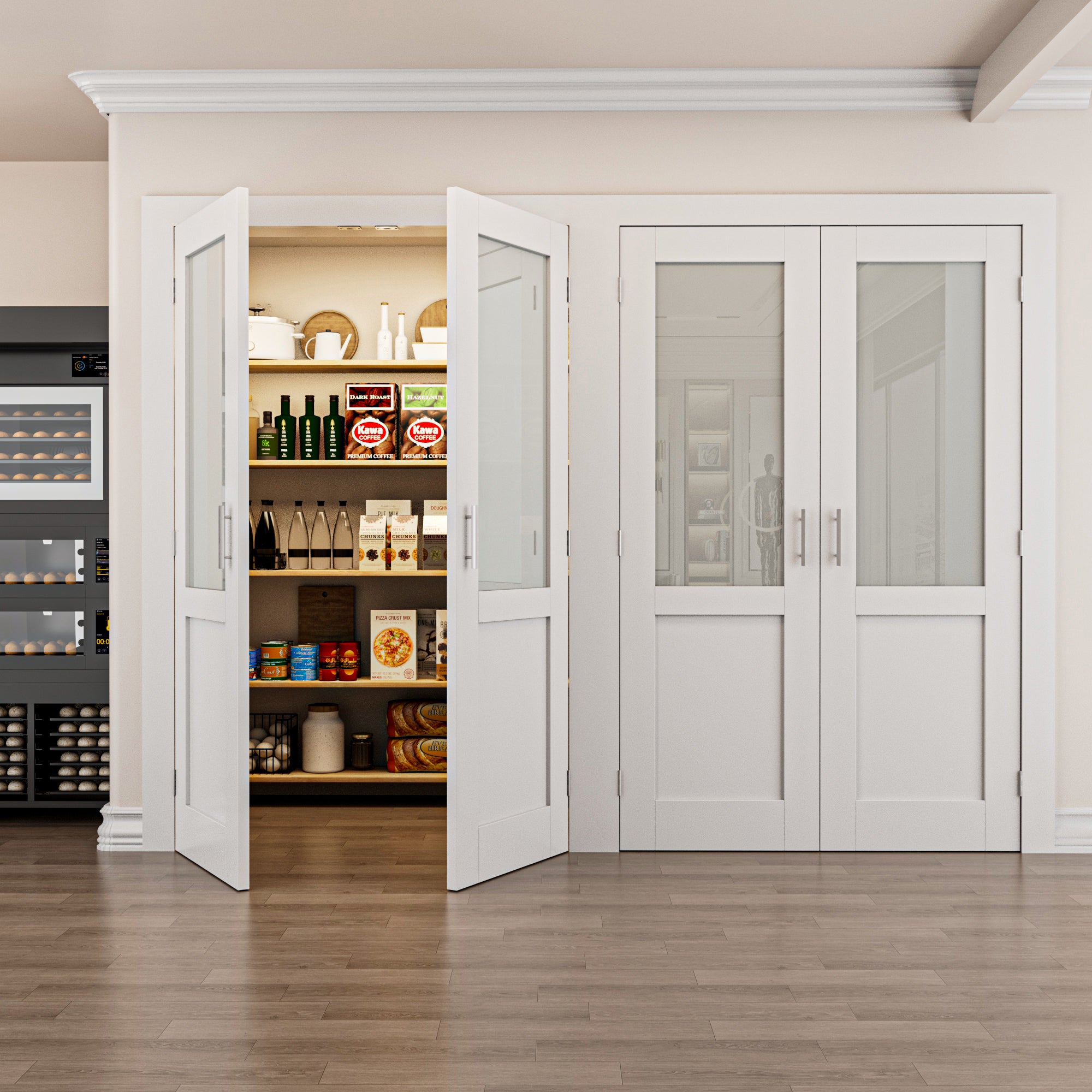 [Silver Ball Catch Double Doors without Jamb] Half Lite Frosted Glass White Solid Core Glass French Door Panels with Sliver Ball Catch & Handles & Hinges, Jamb Not Included
