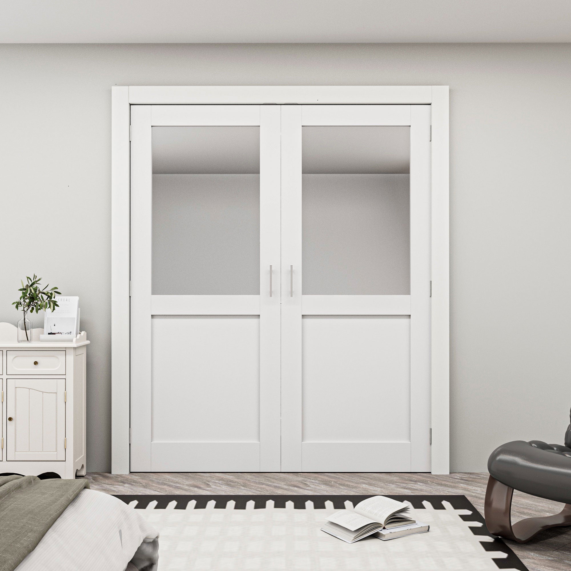 [Silver Ball Catch Double Doors without Jamb] Half-Lite Mirror White Solid Core Glass French Door Panels Door with Sliver Ball Catch & Handles & Hinges, Jamb Not Included