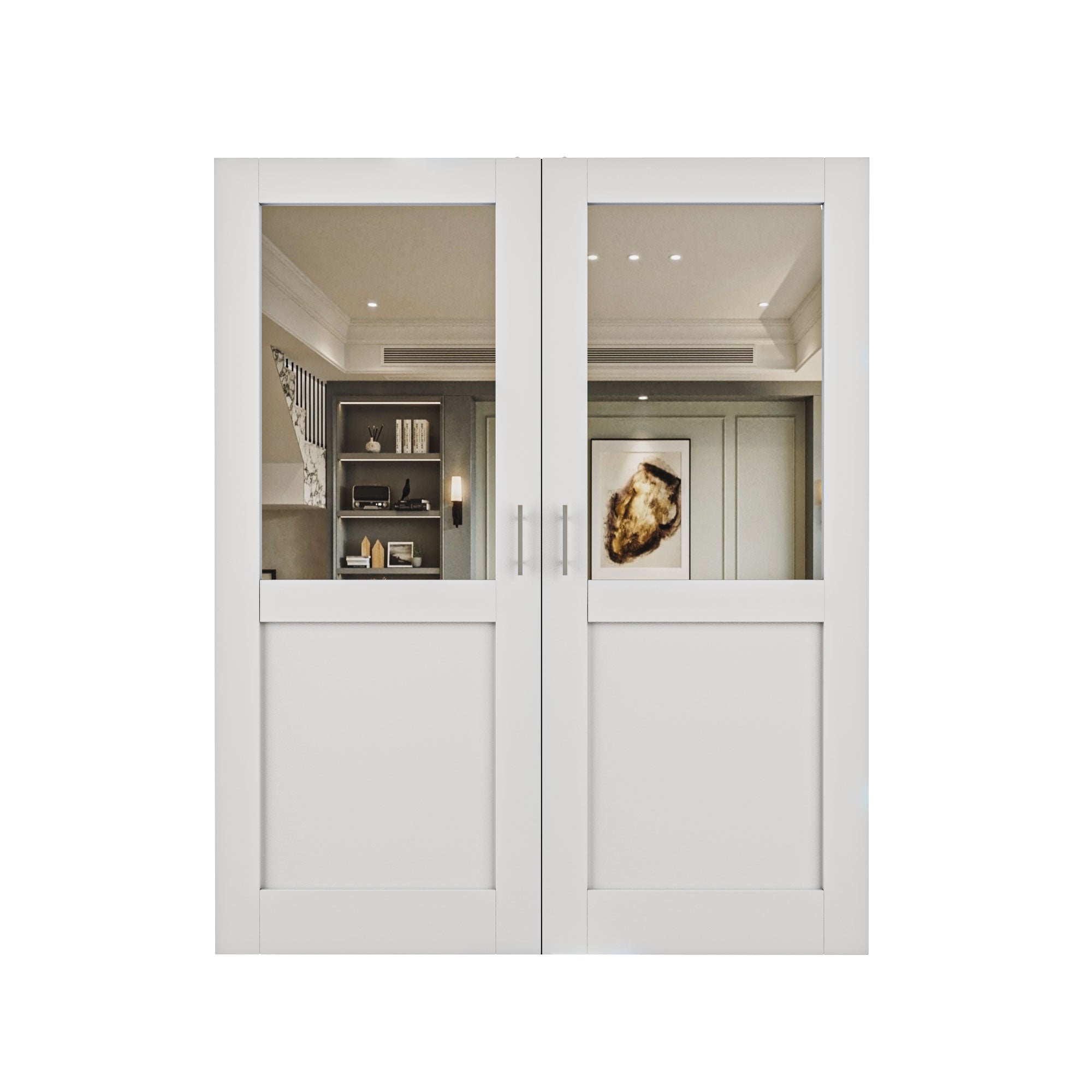 [Silver Ball Catch Double Doors without Jamb] Half-Lite Mirror White Solid Core Glass French Door Panels Door with Sliver Ball Catch & Handles & Hinges, Jamb Not Included