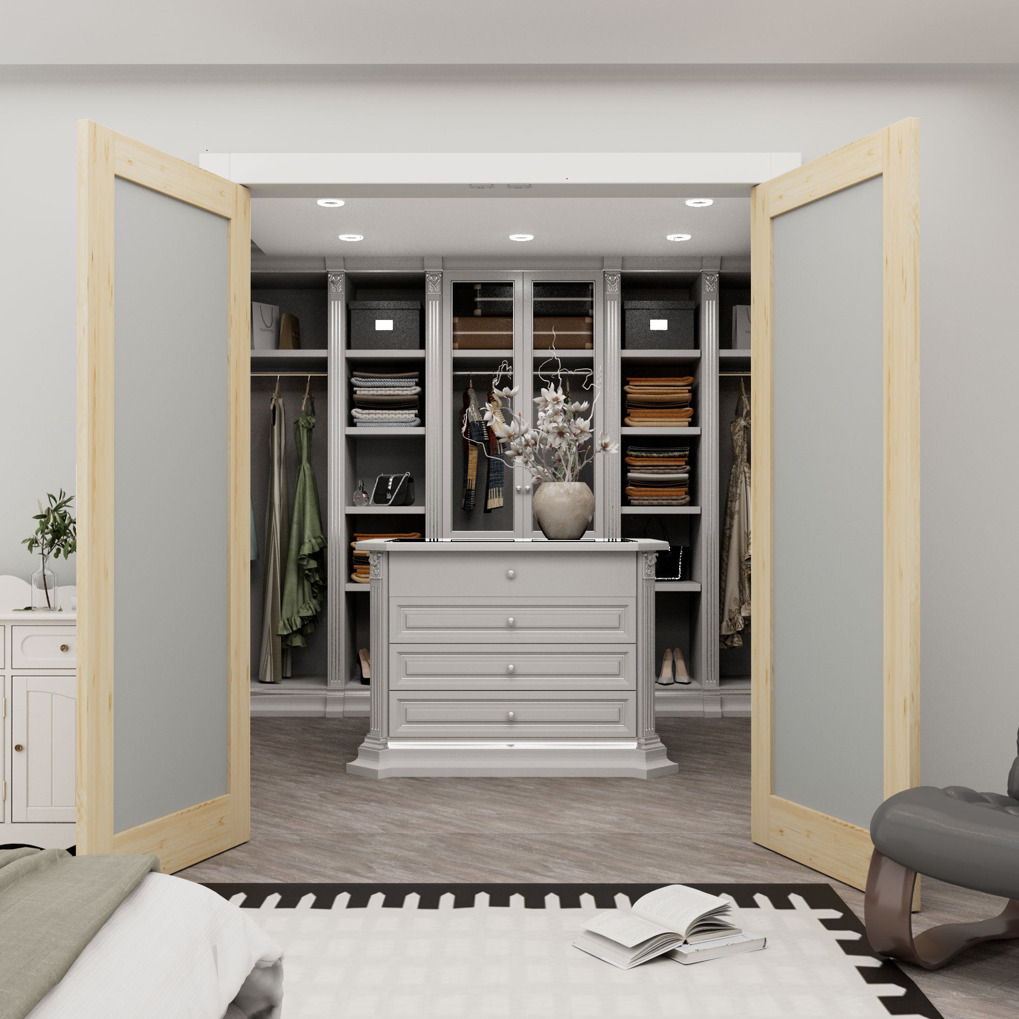 [Silver Ball Catch Double Doors without Jamb] 1-Lite Frosted Glass Pine Wood Solid Core Glass French Door Panels Door with Sliver Ball Catch & Handles & Hinges, Jamb Not Included