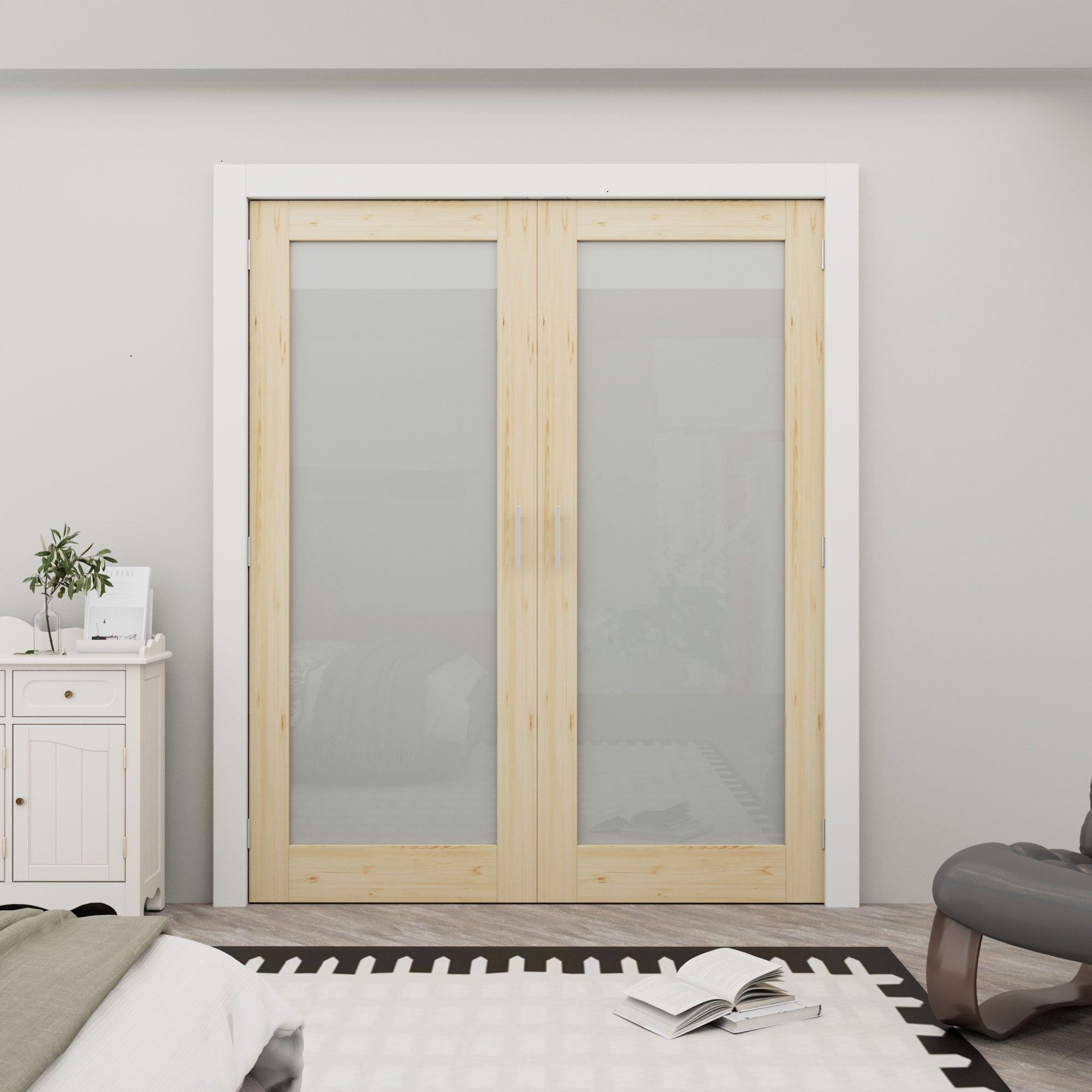 [Silver Ball Catch Double Doors without Jamb] 1-Lite Frosted Glass Pine Wood Solid Core Glass French Door Panels Door with Sliver Ball Catch & Handles & Hinges, Jamb Not Included