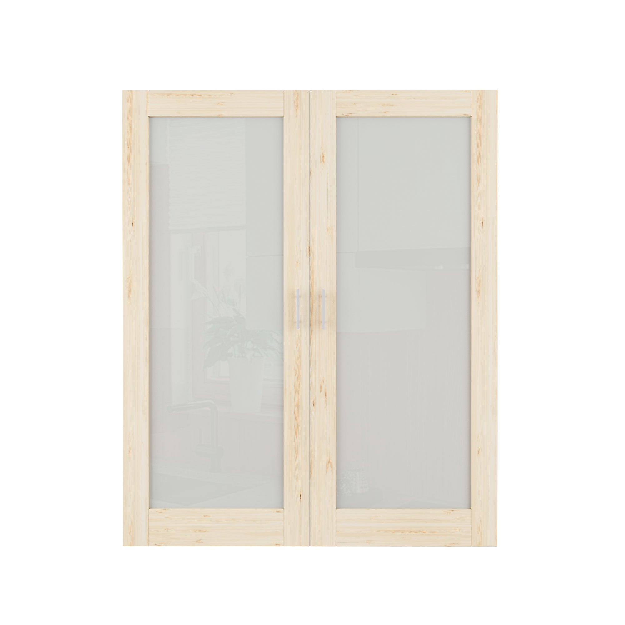 [Silver Ball Catch Double Doors without Jamb] 1-Lite Frosted Glass Pine Wood Solid Core Glass French Door Panels Door with Sliver Ball Catch & Handles & Hinges, Jamb Not Included