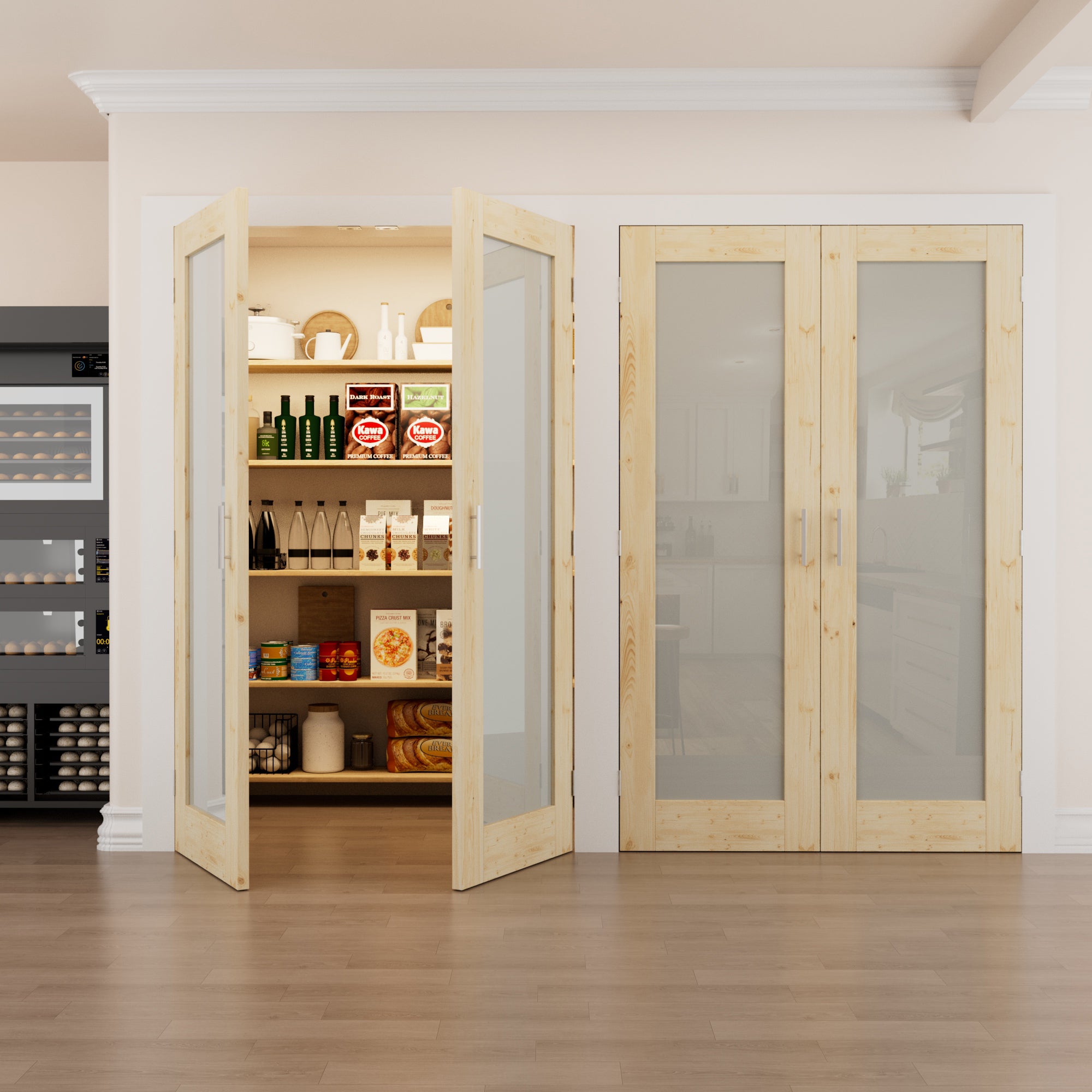[Silver Ball Catch Double Doors without Jamb] 1-Lite Frosted Glass Pine Wood Solid Core Glass French Door Panels Door with Sliver Ball Catch & Handles & Hinges, Jamb Not Included