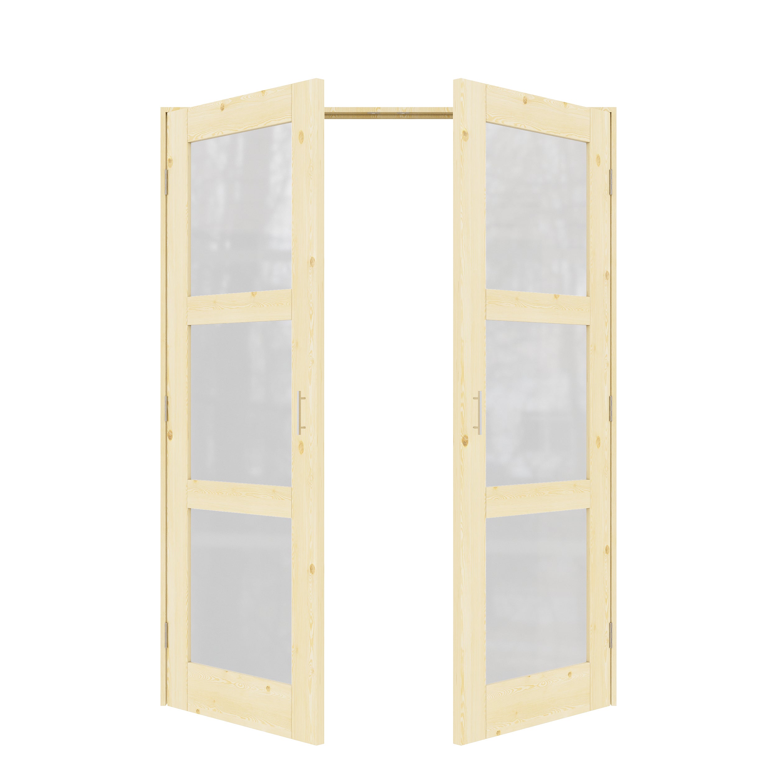 [Silver Ball Catch Double Doors without Jamb] 3-Lite Frosted Glass Pine Wood Solid Core Glass French Door Panels Bi-Fold Door with Sliver Ball Catch & Handles & Hinges, Jamb Not Included