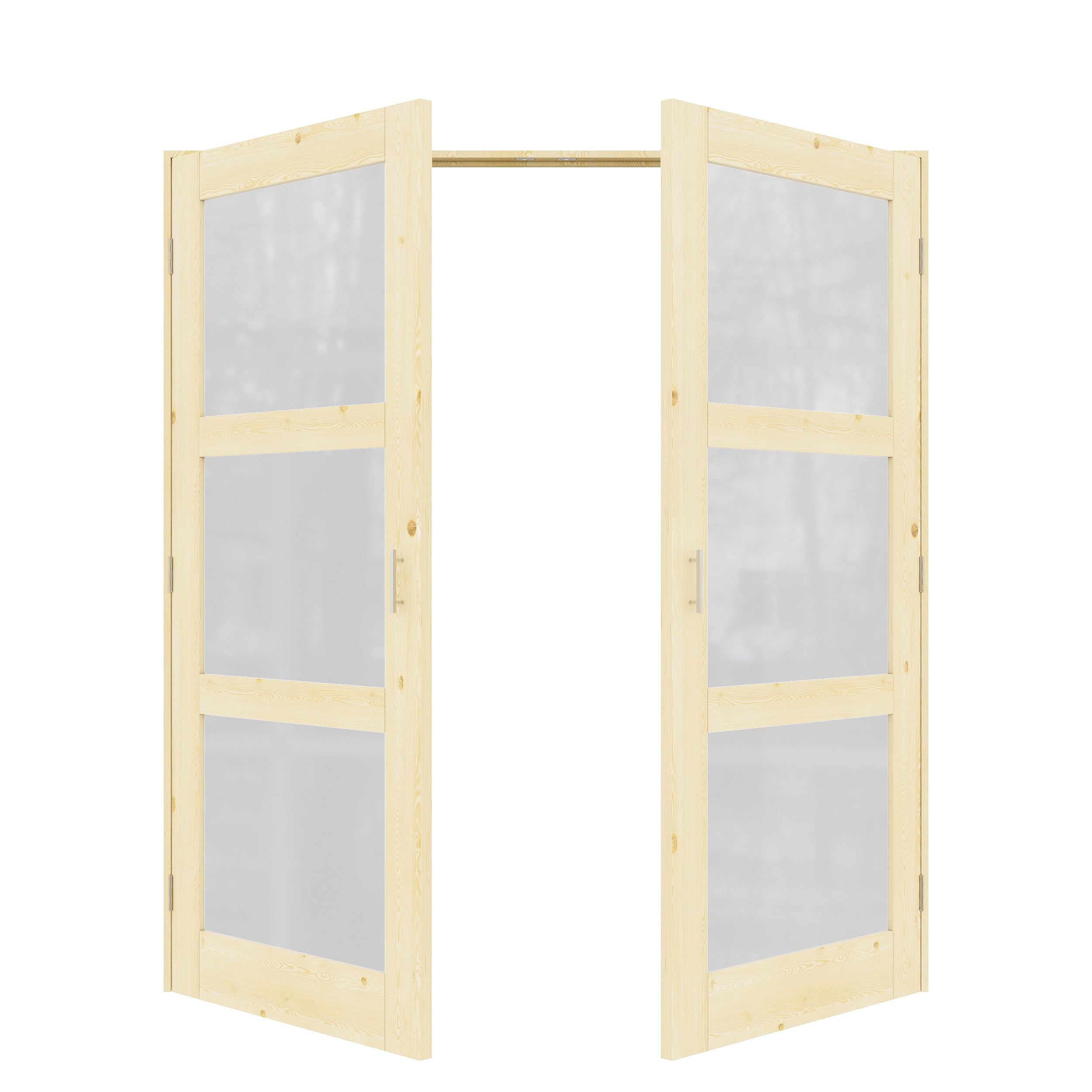 [Silver Ball Catch Double Doors without Jamb] 3-Lite Frosted Glass Pine Wood Solid Core Glass French Door Panels Bi-Fold Door with Sliver Ball Catch & Handles & Hinges, Jamb Not Included
