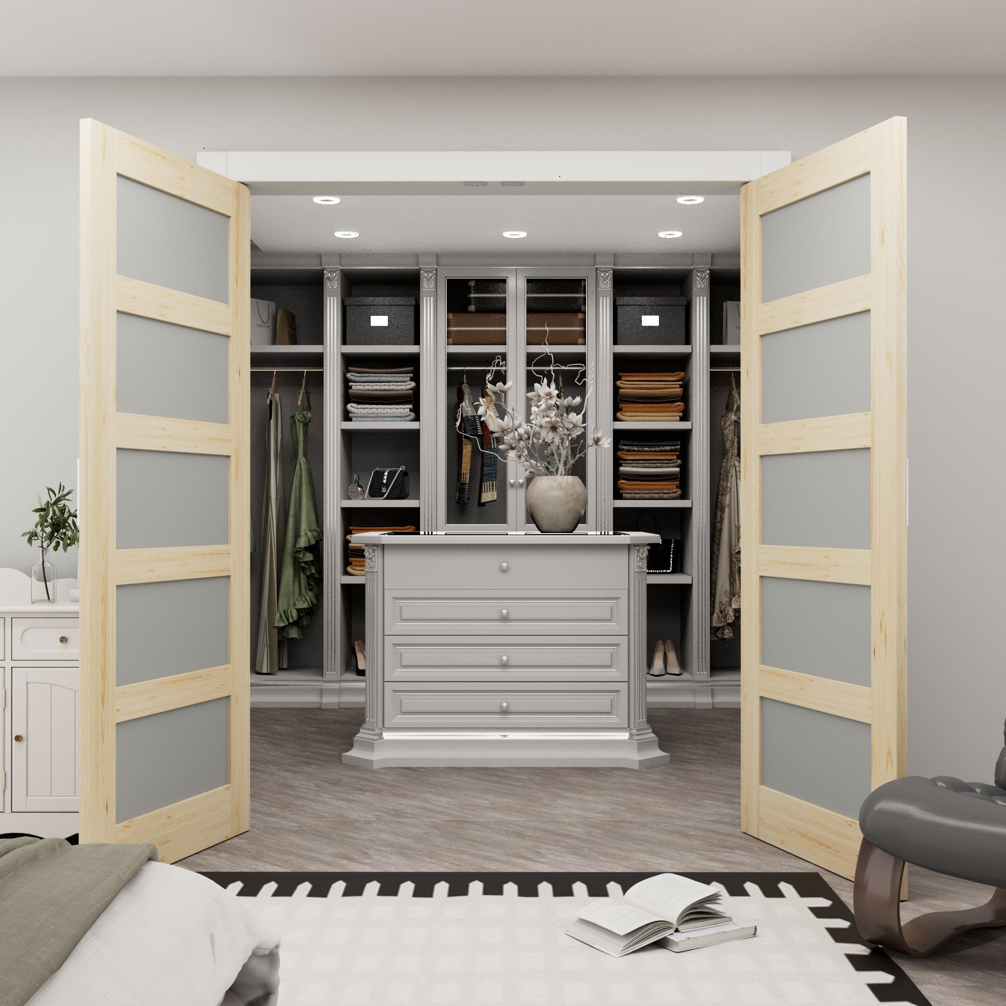 [Silver Ball Catch Double Doors without Jamb] 5-Lite Frosted Glass Pine Wood Solid Core Glass French Door Panels Door with Sliver Ball Catch & Handles & Hinges, Jamb Not Included