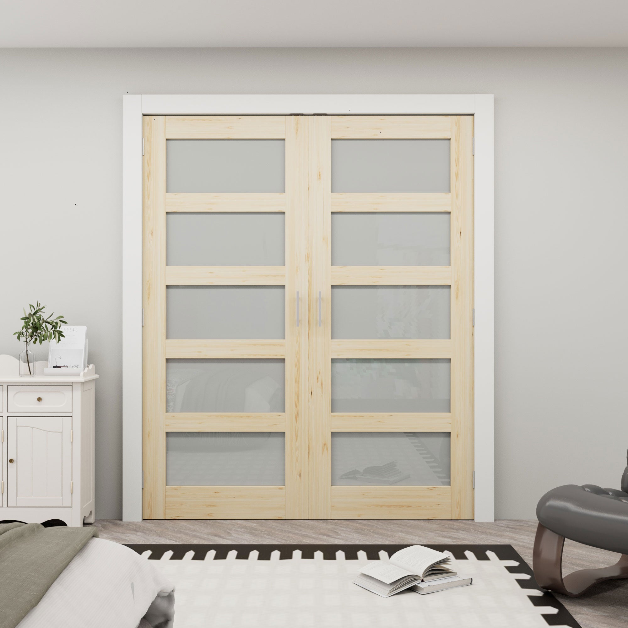 [Silver Ball Catch Double Doors without Jamb] 5-Lite Frosted Glass Pine Wood Solid Core Glass French Door Panels Door with Sliver Ball Catch & Handles & Hinges, Jamb Not Included