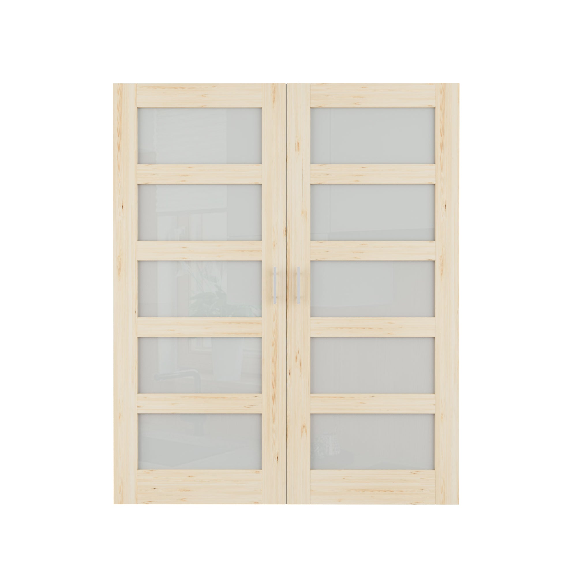 [Silver Ball Catch Double Doors without Jamb] 5-Lite Frosted Glass Pine Wood Solid Core Glass French Door Panels Door with Sliver Ball Catch & Handles & Hinges, Jamb Not Included