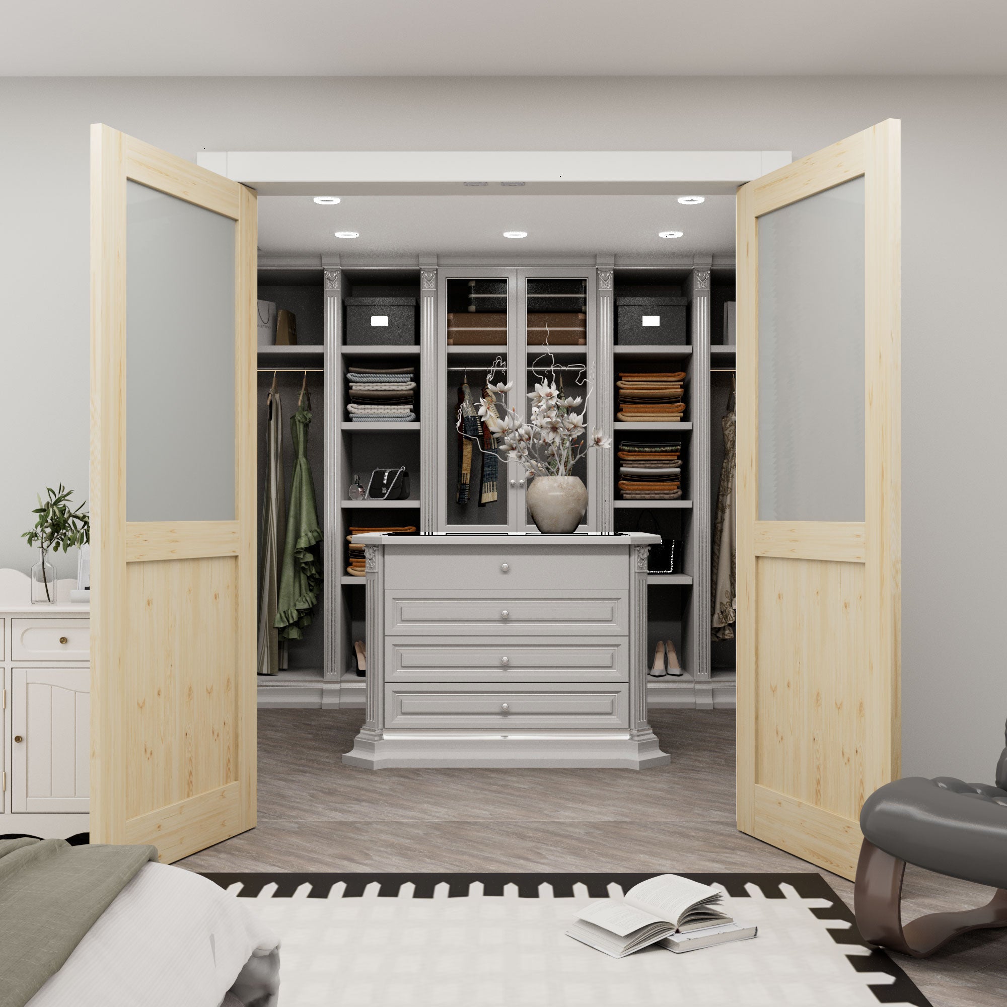 [Silver Ball Catch Double Doors without Jamb] Half Lite Frosted Glass Pine Wood Solid Core Glass French Door Panels Bi-Fold Door with Sliver Ball Catch & Handles & Hinges, Jamb Not Included