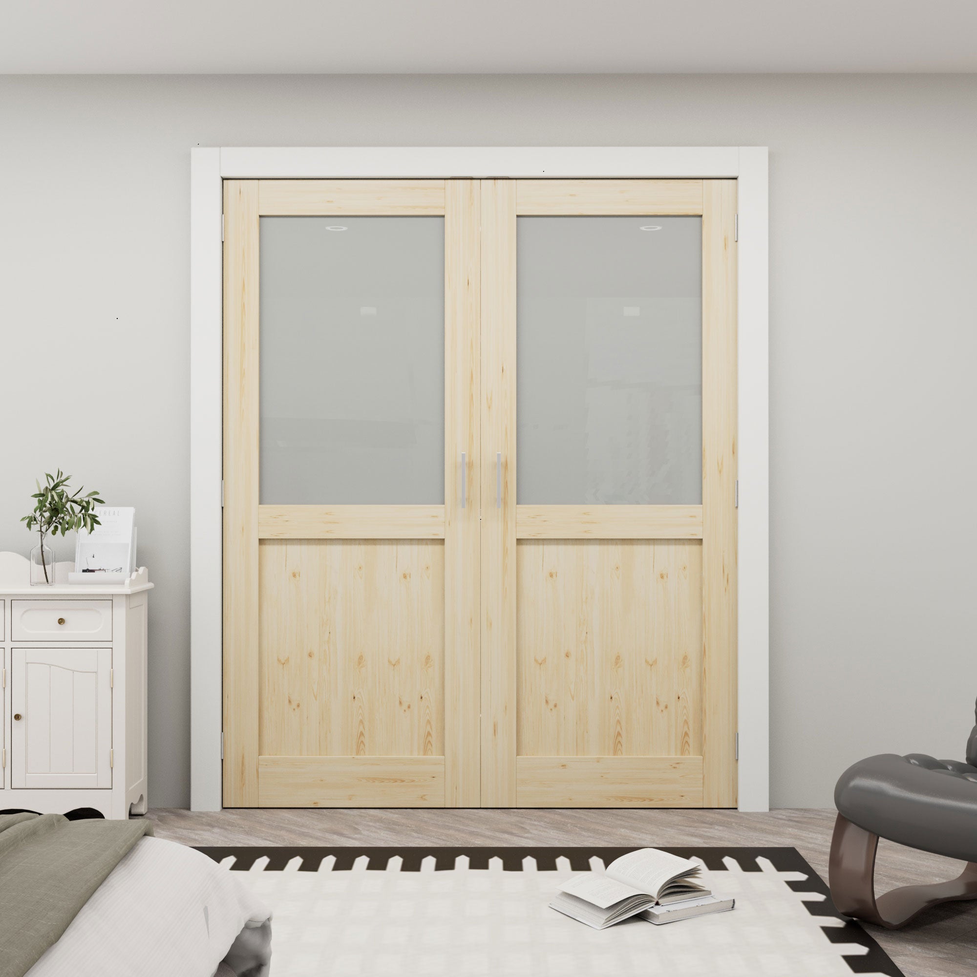 [Silver Ball Catch Double Doors without Jamb] Half Lite Frosted Glass Pine Wood Solid Core Glass French Door Panels Bi-Fold Door with Sliver Ball Catch & Handles & Hinges, Jamb Not Included
