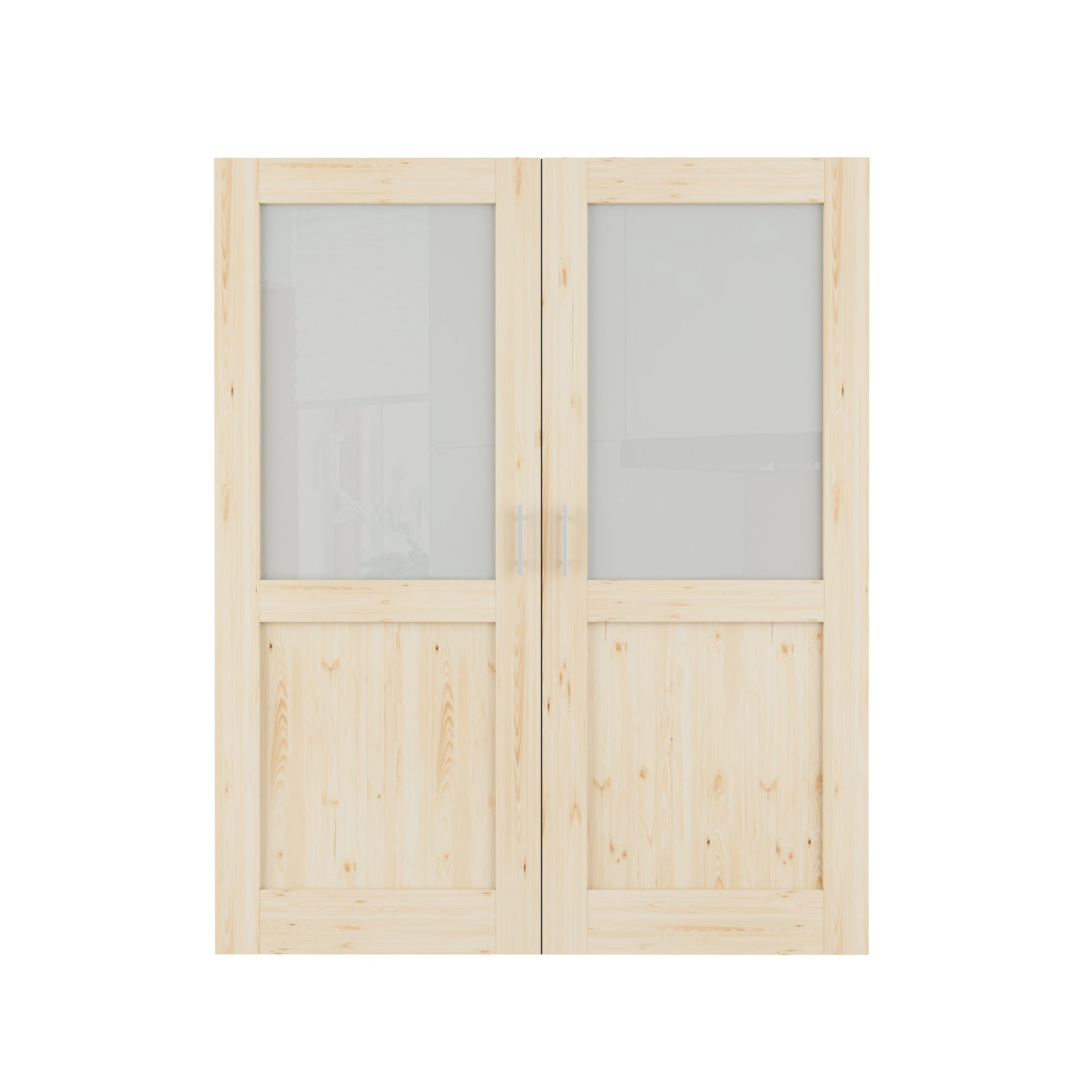 [Silver Ball Catch Double Doors without Jamb] Half Lite Frosted Glass Pine Wood Solid Core Glass French Door Panels Bi-Fold Door with Sliver Ball Catch & Handles & Hinges, Jamb Not Included