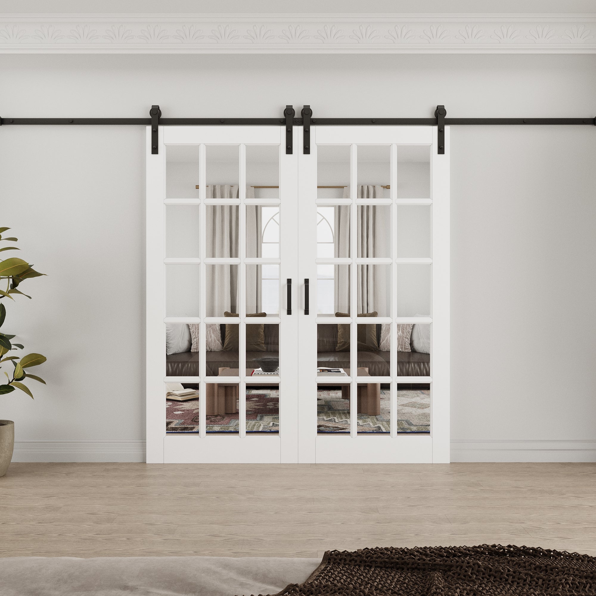 Ark Design 15-Lite Tempered Clear Glass White Primed Solid Core MDF Double Sliding Barn Door with Hardware Kit