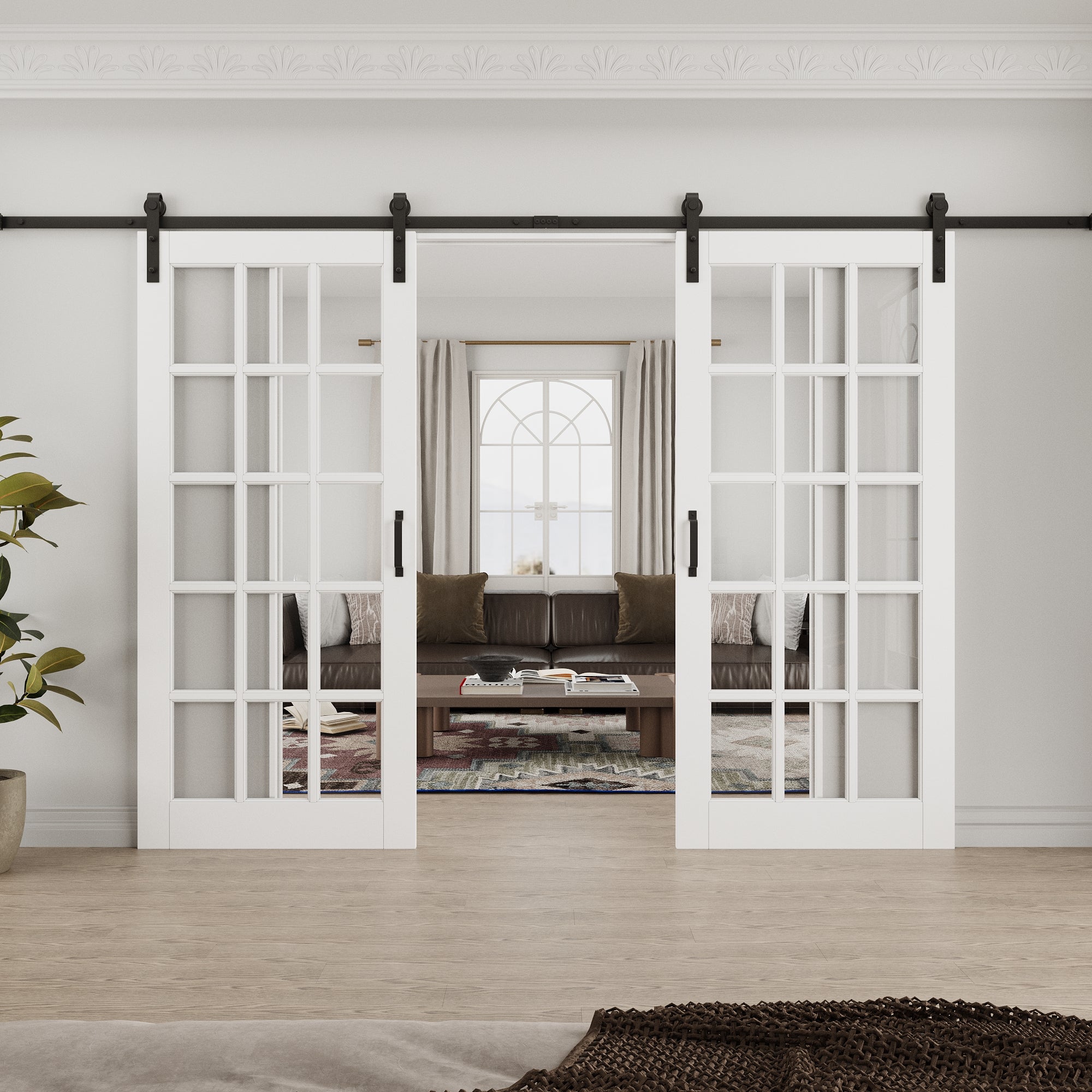 Ark Design 15-Lite Tempered Clear Glass White Primed Solid Core MDF Double Sliding Barn Door with Hardware Kit
