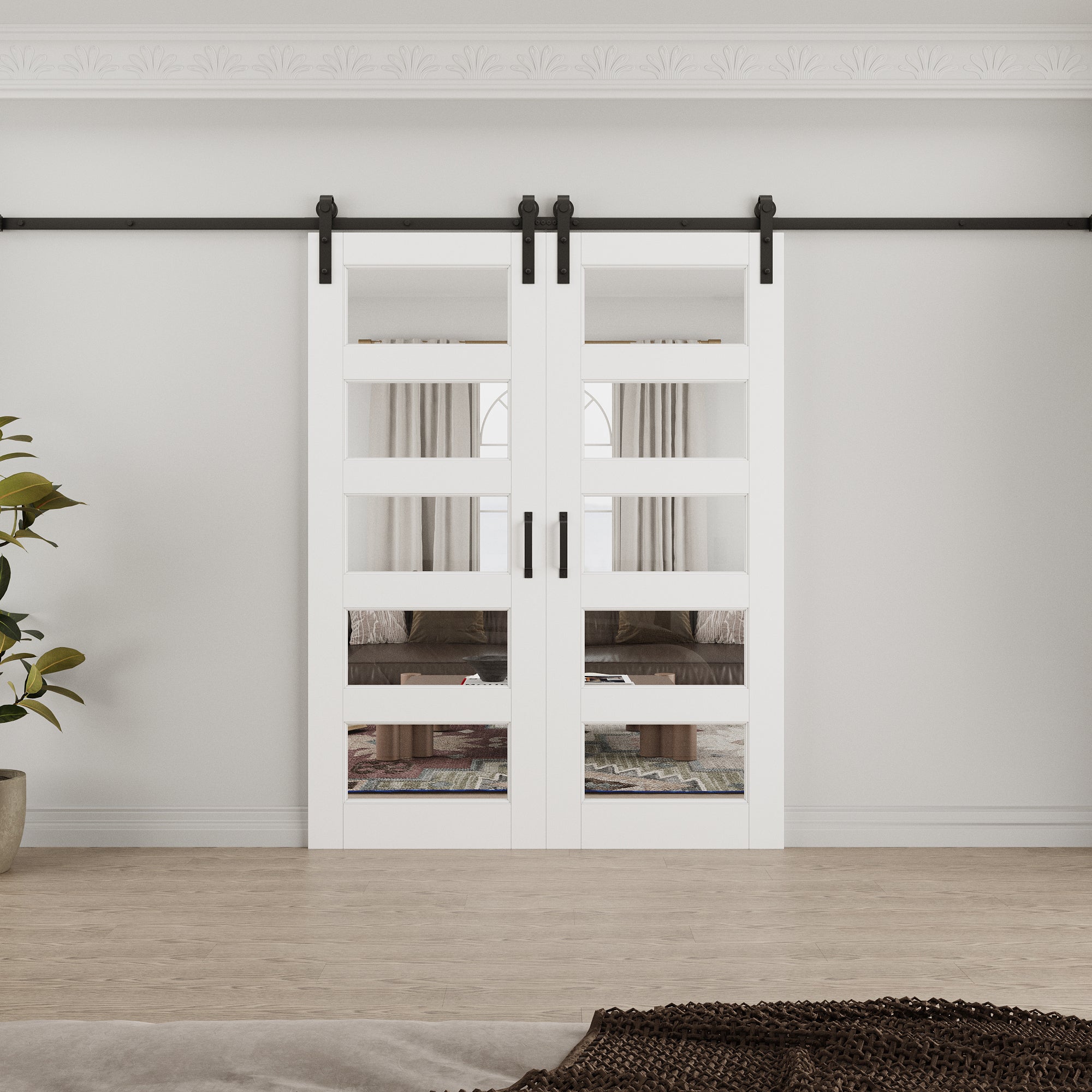 Ark Design 5-Lite Tempered Clear Glass White Primed Solid Core MDF Double Sliding Barn Door with Hardware Kit