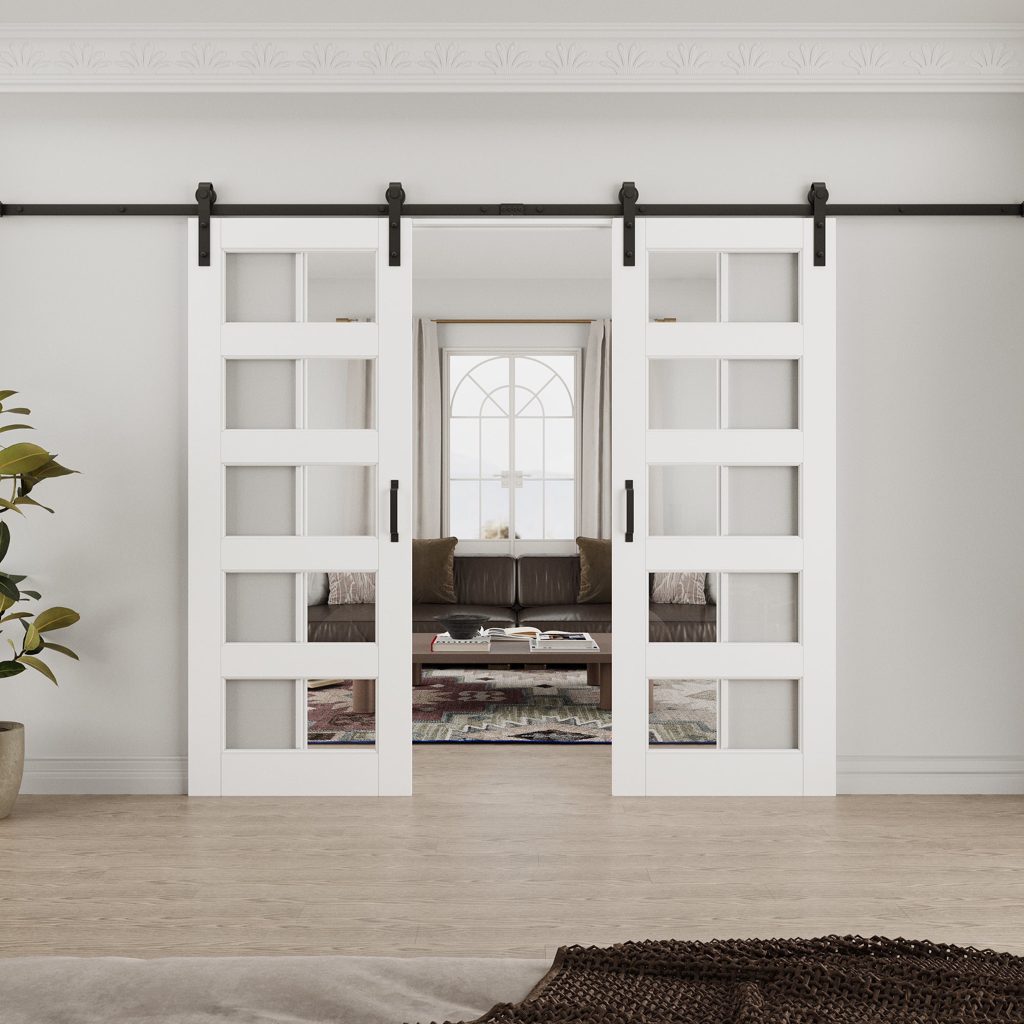 Ark Design 5-Lite Tempered Clear Glass White Primed Solid Core MDF Double Sliding Barn Door with Hardware Kit
