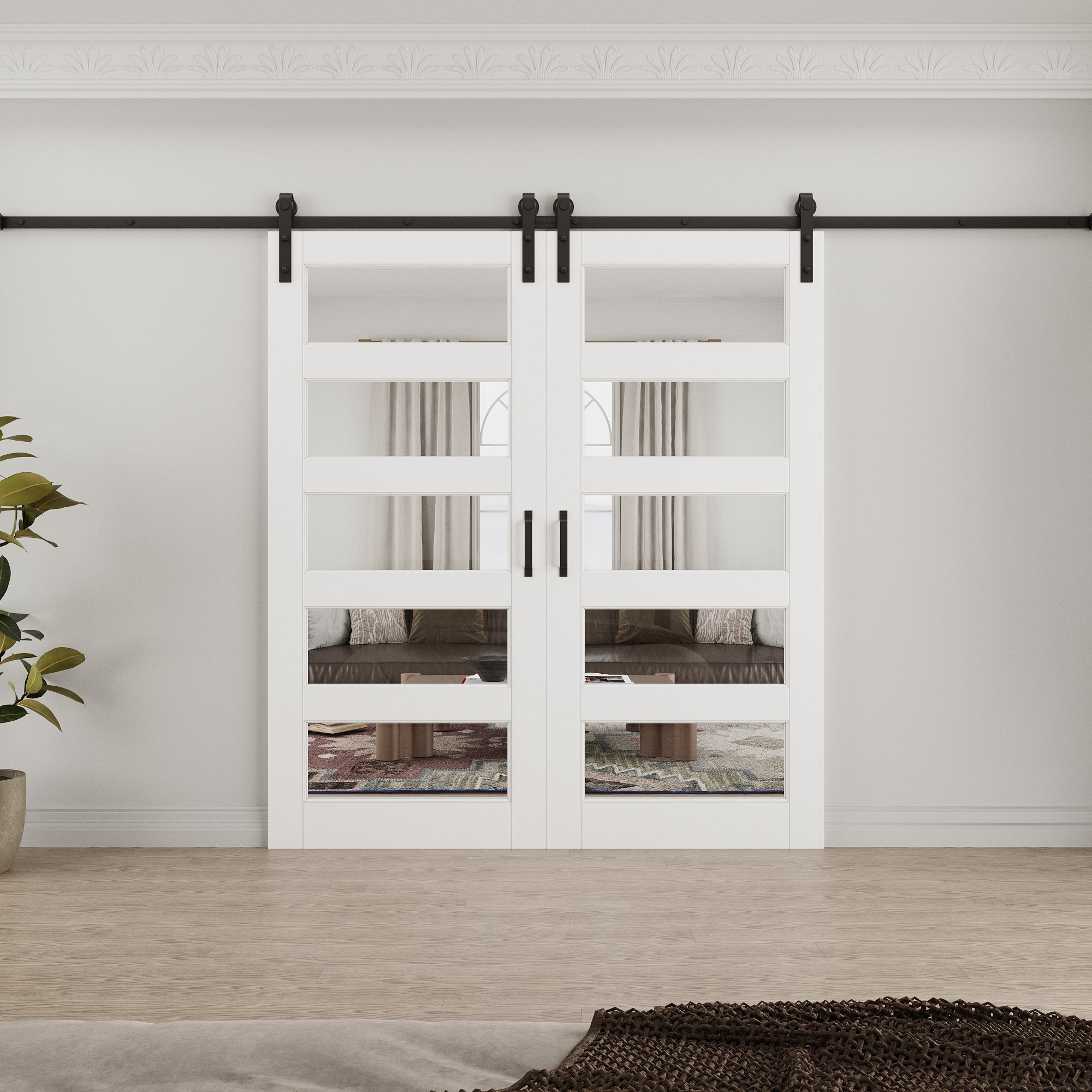 Ark Design 5-Lite Tempered Clear Glass White Primed Solid Core MDF Double Sliding Barn Door with Hardware Kit