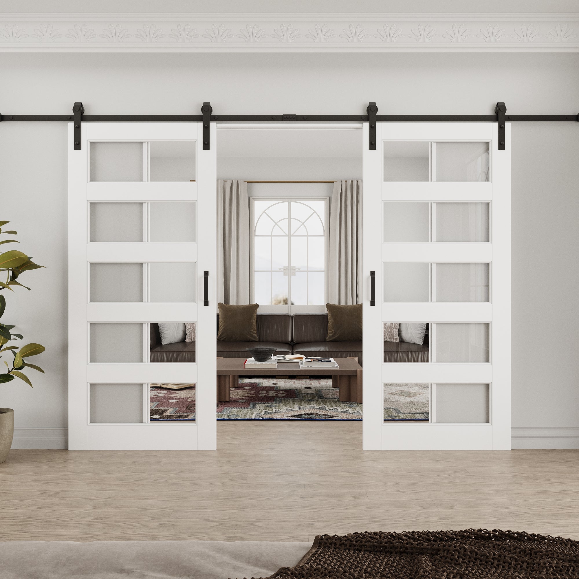 Ark Design 5-Lite Tempered Clear Glass White Primed Solid Core MDF Double Sliding Barn Door with Hardware Kit