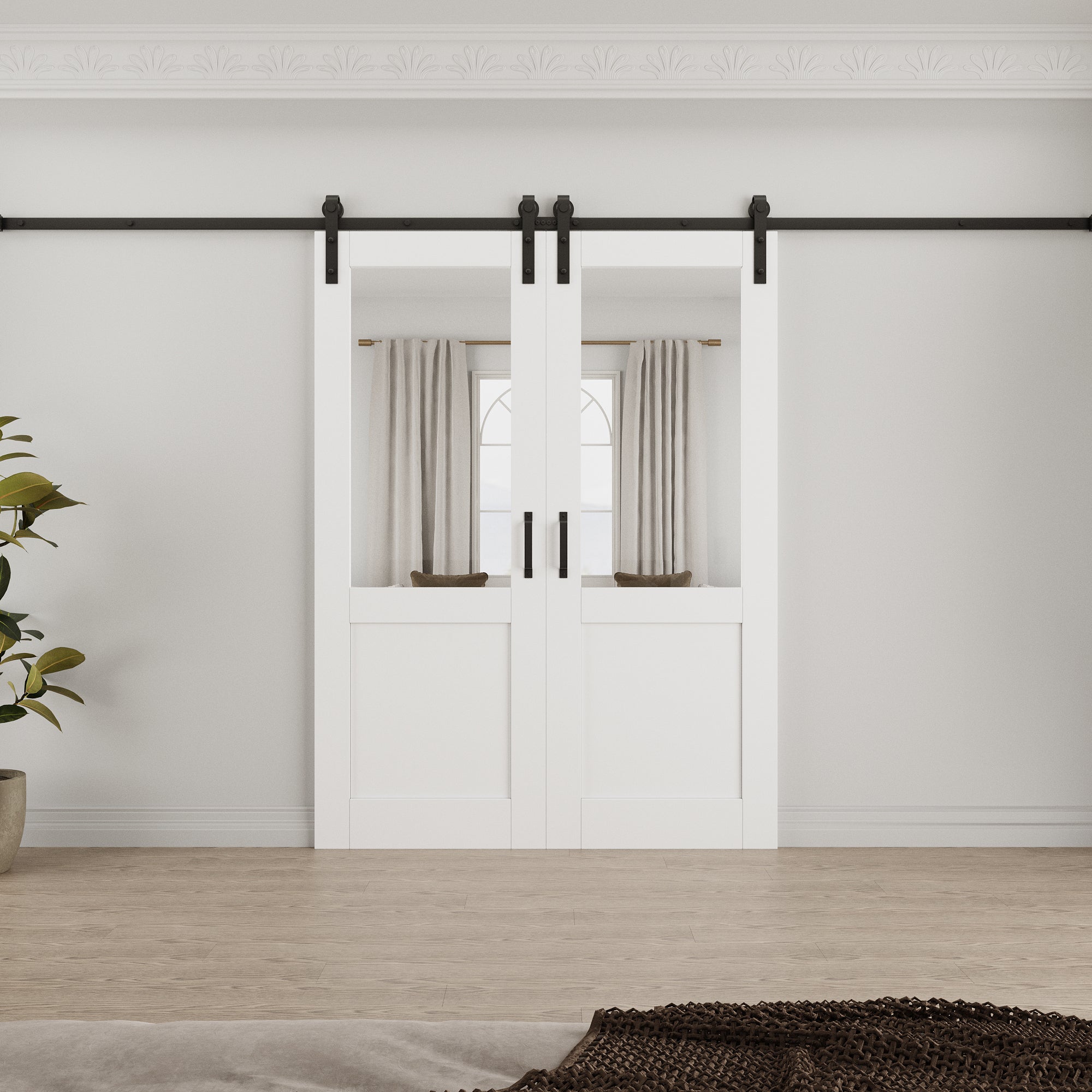 Ark Design Half Lite Tempered Clear Glass White Primed Solid Core MDF Double Sliding Barn Door with Hardware Kit