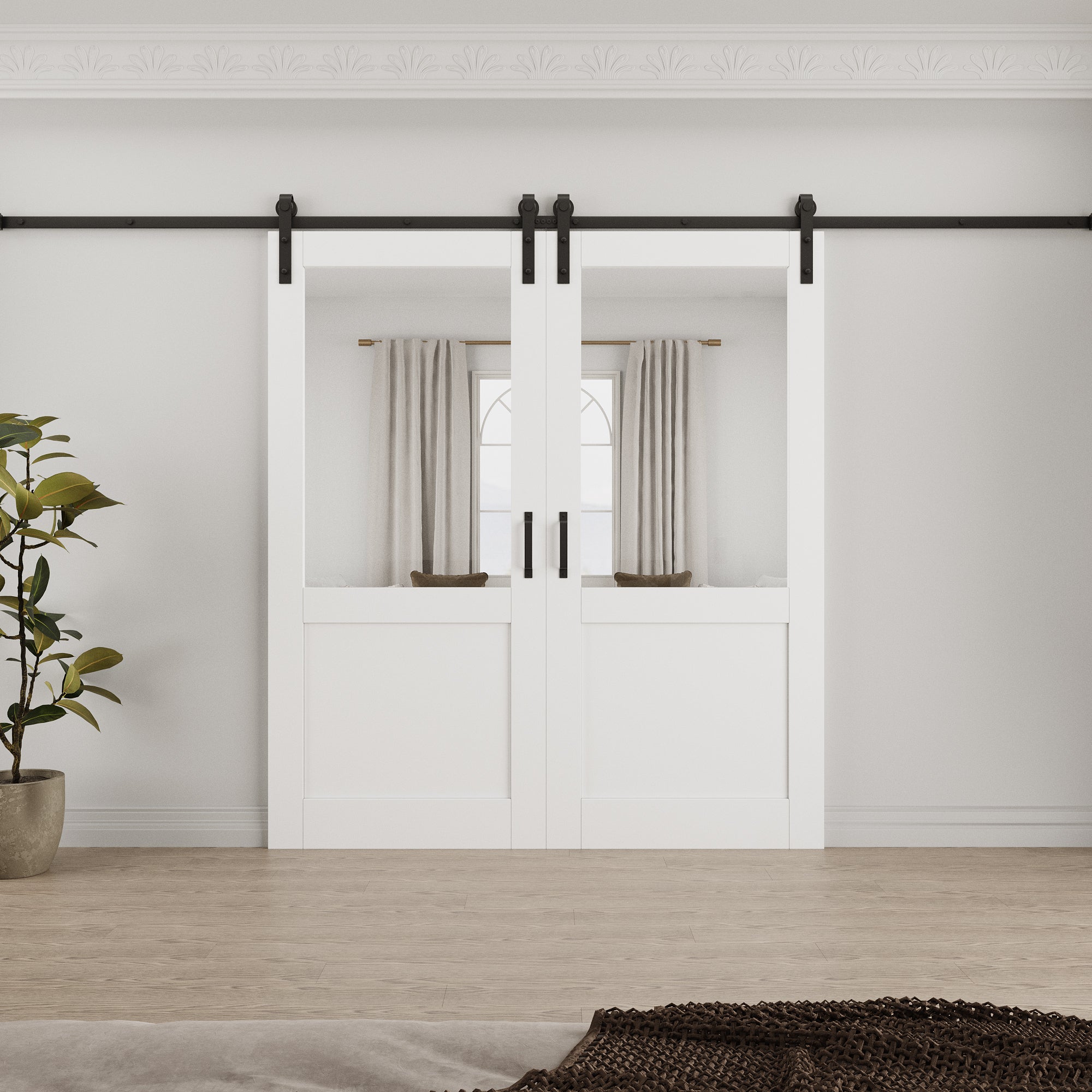 Ark Design Half Lite Tempered Clear Glass White Primed Solid Core MDF Double Sliding Barn Door with Hardware Kit