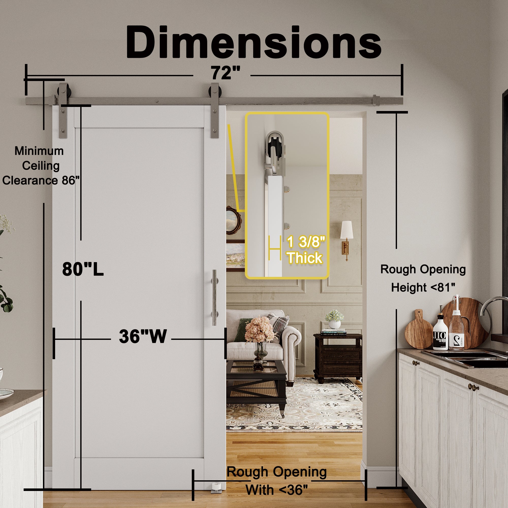 Ark Design 1 Panel White Primed Paneled MDF Sliding Barn Door with Brushed Nickle Hardware Kit