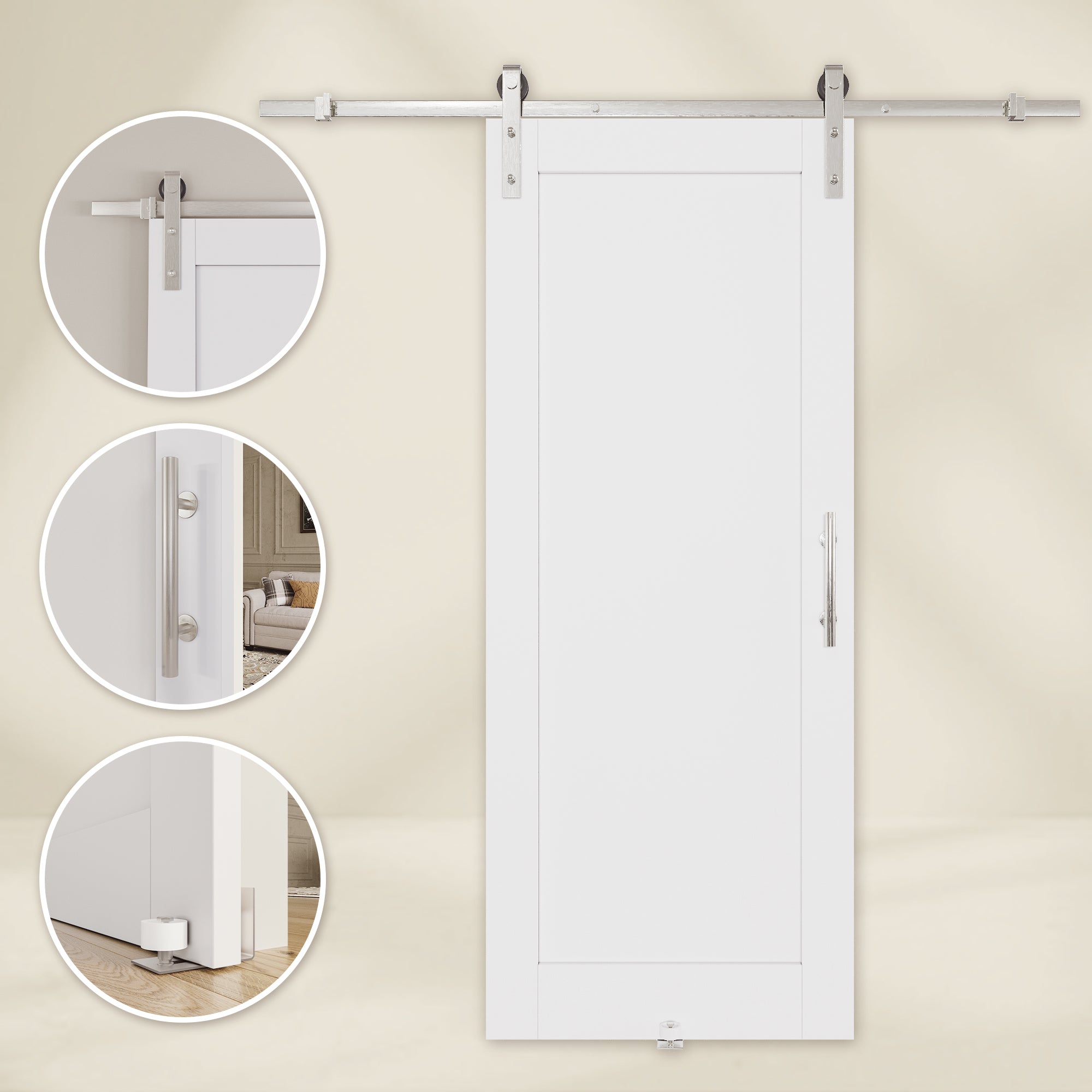 Ark Design 1 Panel White Primed Paneled MDF Sliding Barn Door with Brushed Nickle Hardware Kit