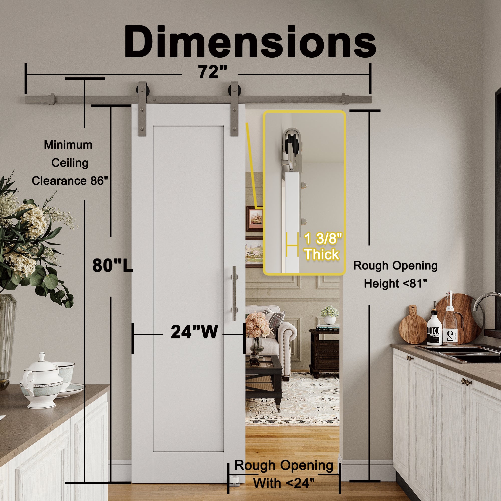 Ark Design 1 Panel White Primed Paneled MDF Sliding Barn Door with Brushed Nickle Hardware Kit