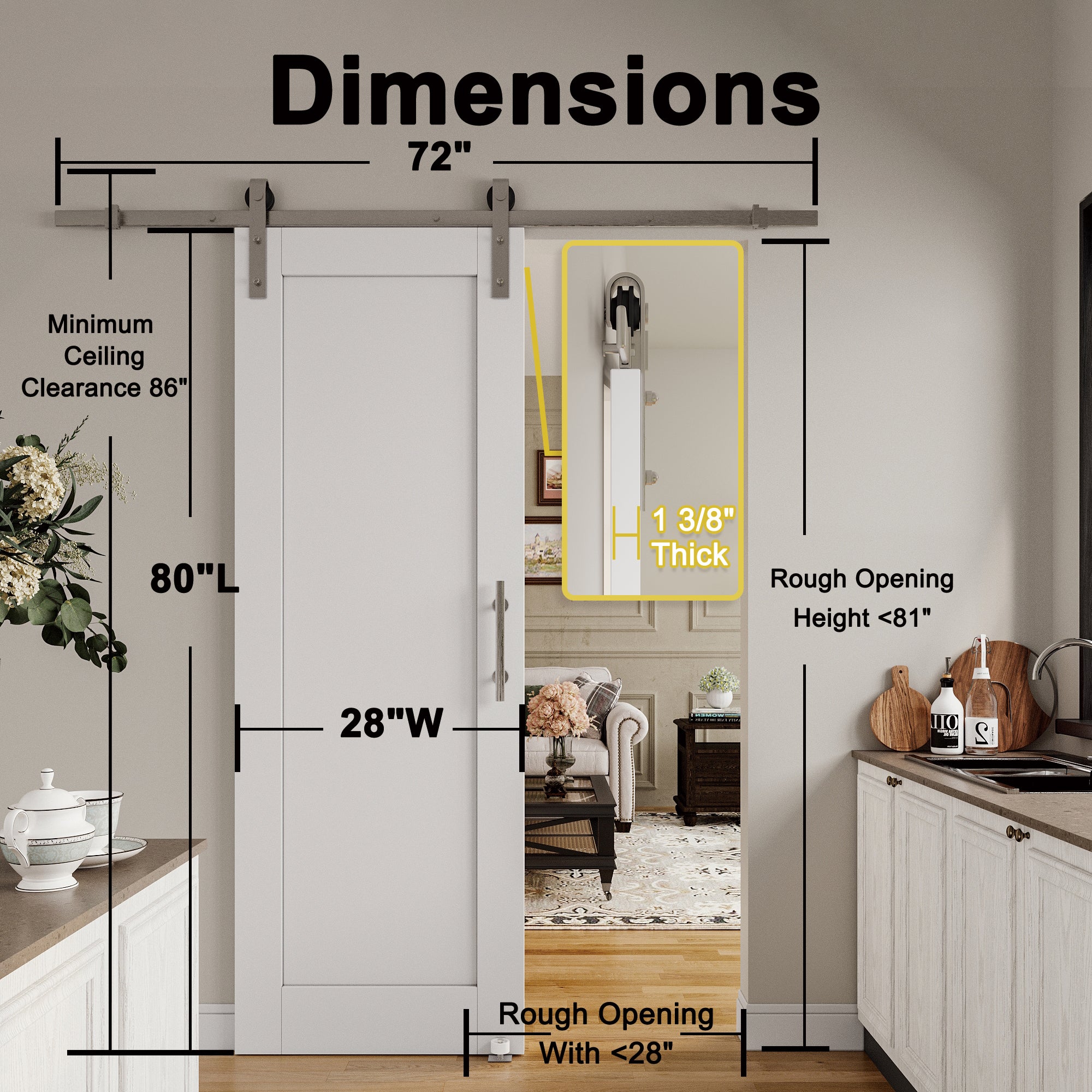 Ark Design 1 Panel White Primed Paneled MDF Sliding Barn Door with Brushed Nickle Hardware Kit