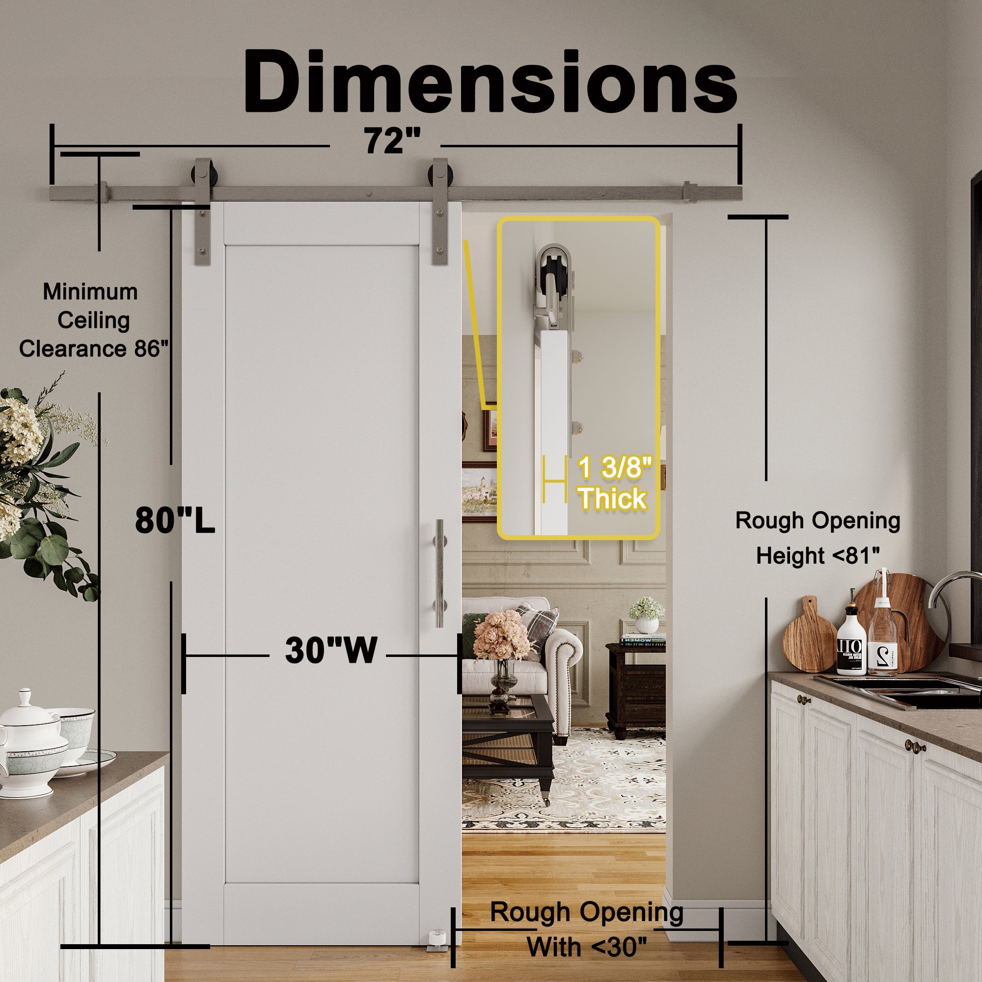 Ark Design 1 Panel White Primed Paneled MDF Sliding Barn Door with Brushed Nickle Hardware Kit