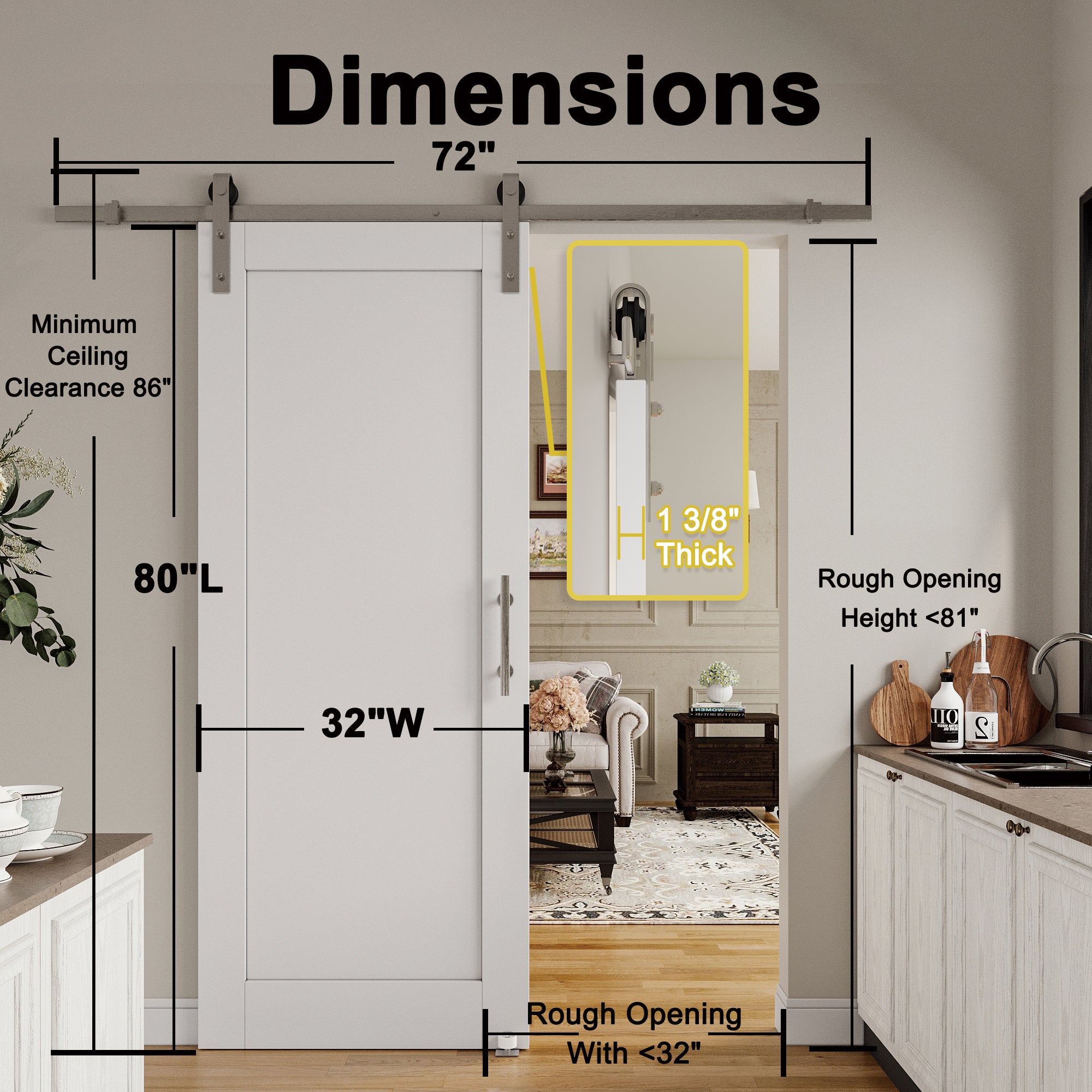 Ark Design 1 Panel White Primed Paneled MDF Sliding Barn Door with Brushed Nickle Hardware Kit