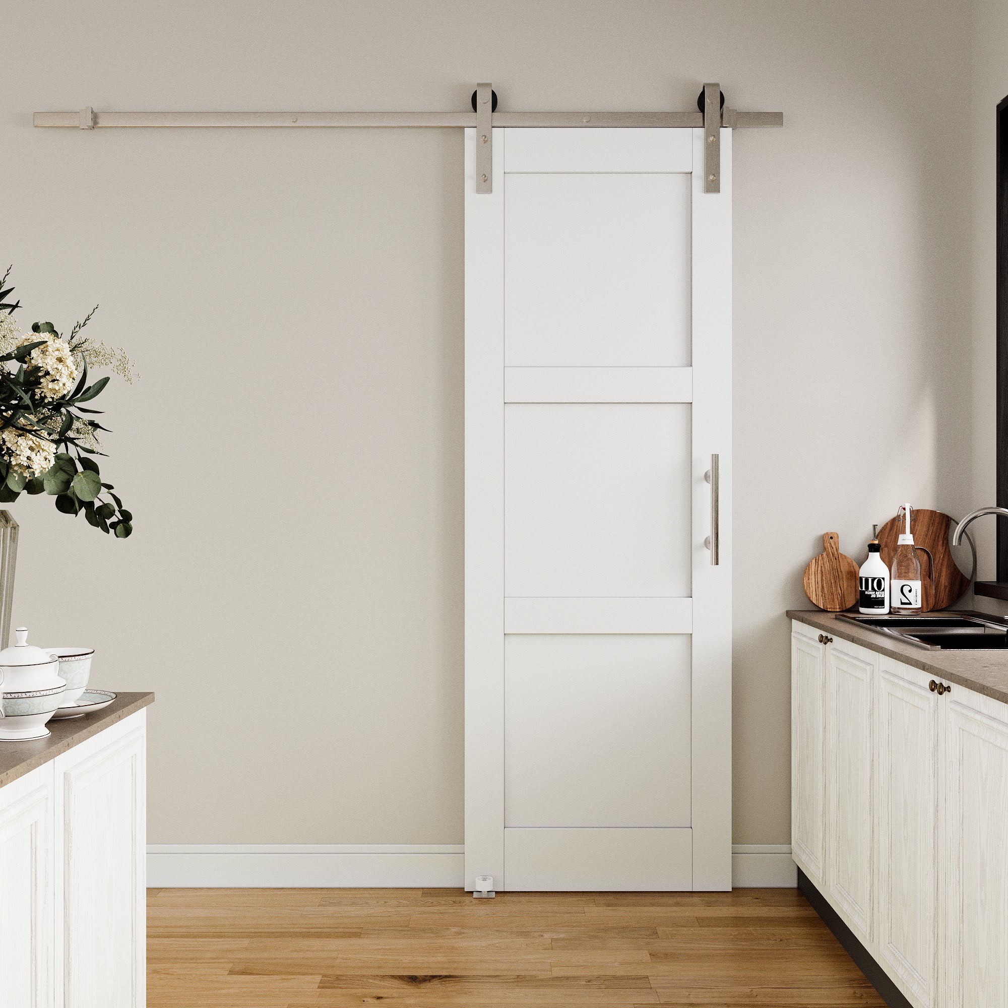 Ark Design 3-Lite Panel White Primed Paneled MDF Sliding Barn Door with brushed nickle barn door hardware Kit