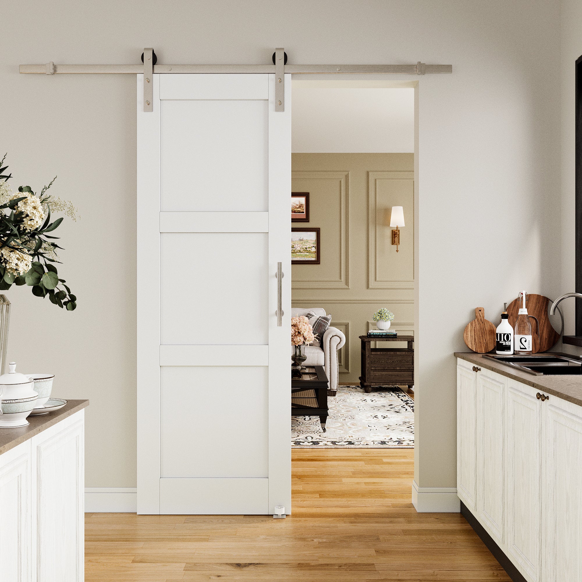 Ark Design 3-Lite Panel White Primed Paneled MDF Sliding Barn Door with brushed nickle barn door hardware Kit