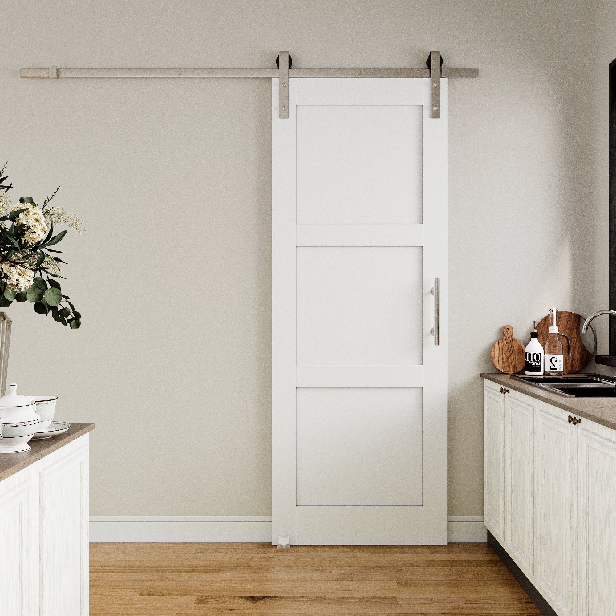 Ark Design 3-Lite Panel White Primed Paneled MDF Sliding Barn Door with brushed nickle barn door hardware Kit