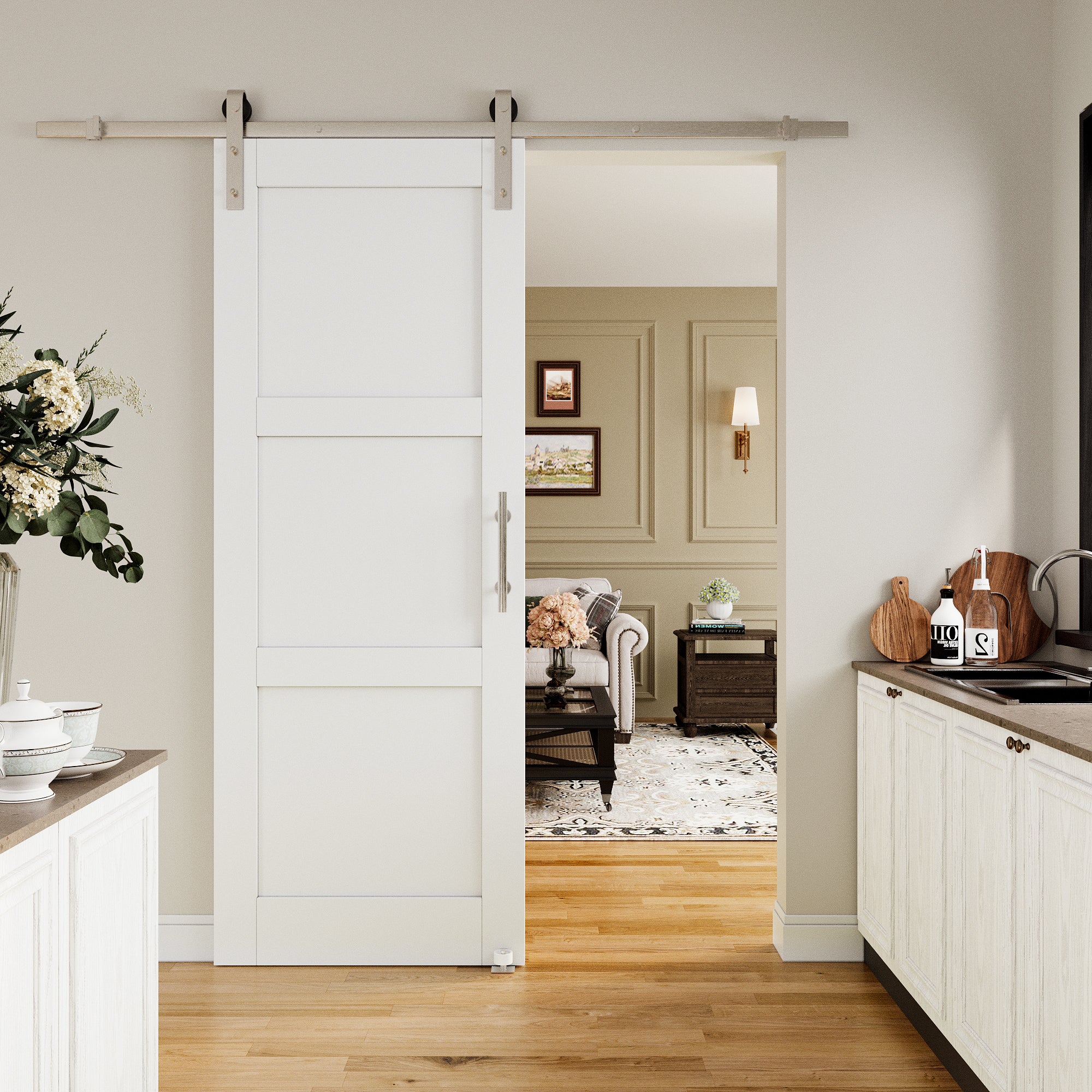 Ark Design 3-Lite Panel White Primed Paneled MDF Sliding Barn Door with brushed nickle barn door hardware Kit