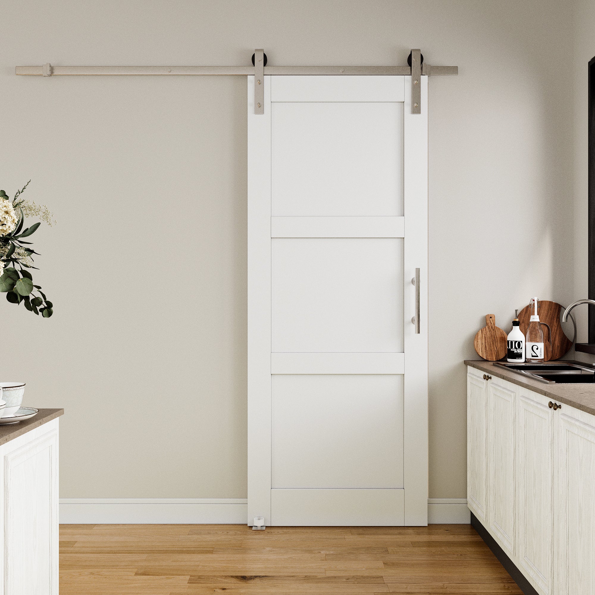 Ark Design 3-Lite Panel White Primed Paneled MDF Sliding Barn Door with brushed nickle barn door hardware Kit