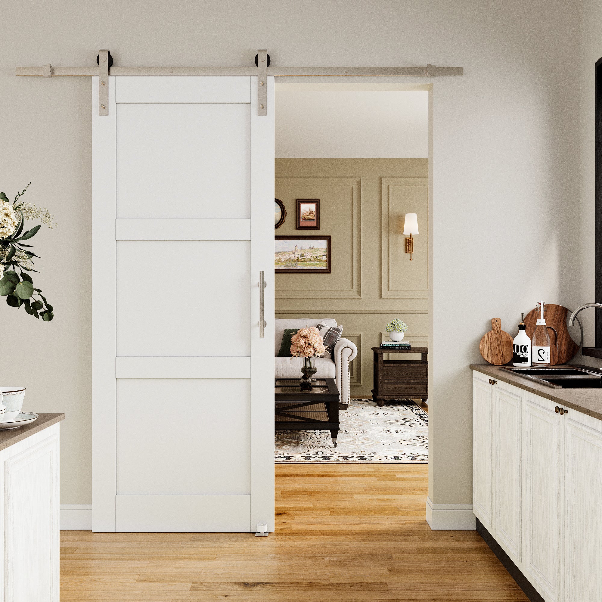 Ark Design 3-Lite Panel White Primed Paneled MDF Sliding Barn Door with brushed nickle barn door hardware Kit