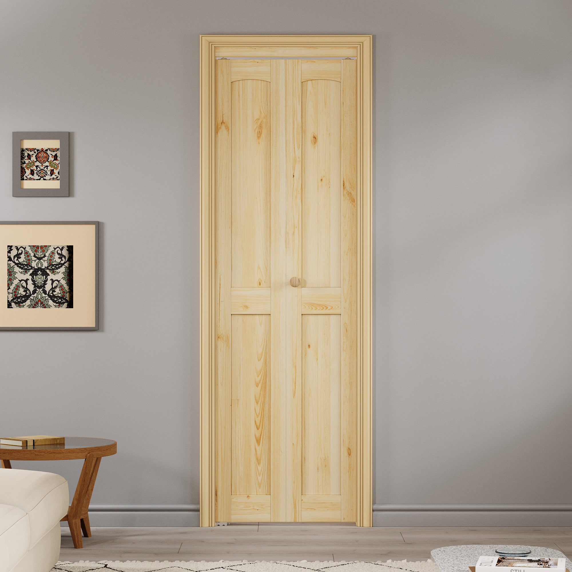 Ark Design Arch Panel 2-Lite Solid Core Unfinished Pine Wood Interior Closet Bi-Fold Door with Hardware